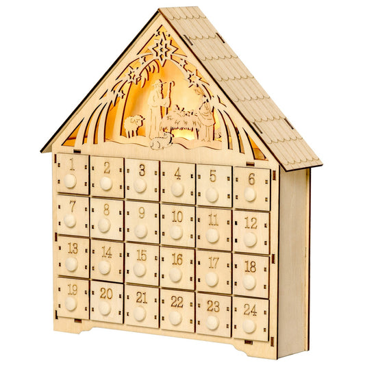 Advent calendar with 24 LED-illuminated wooden boxes