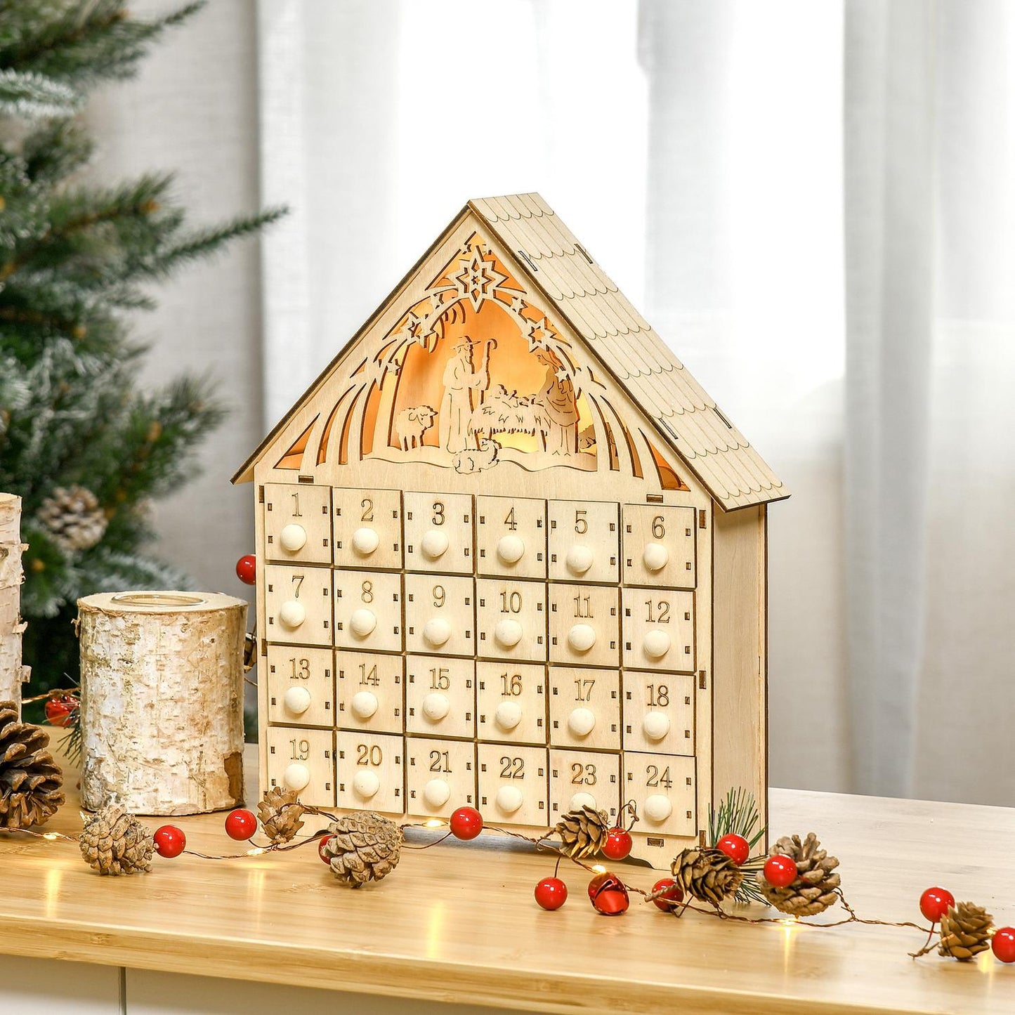 Advent calendar with 24 LED-illuminated wooden boxes