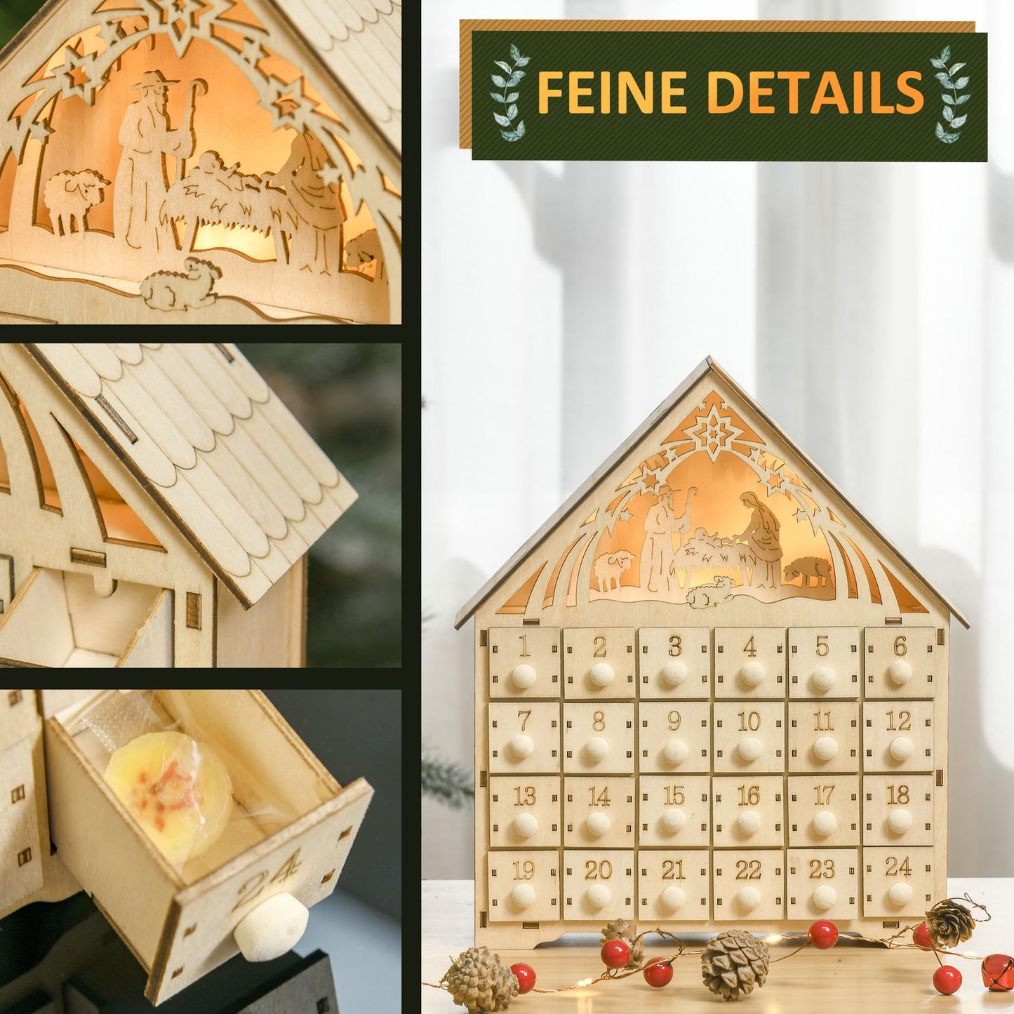 Advent calendar with 24 LED-illuminated wooden boxes