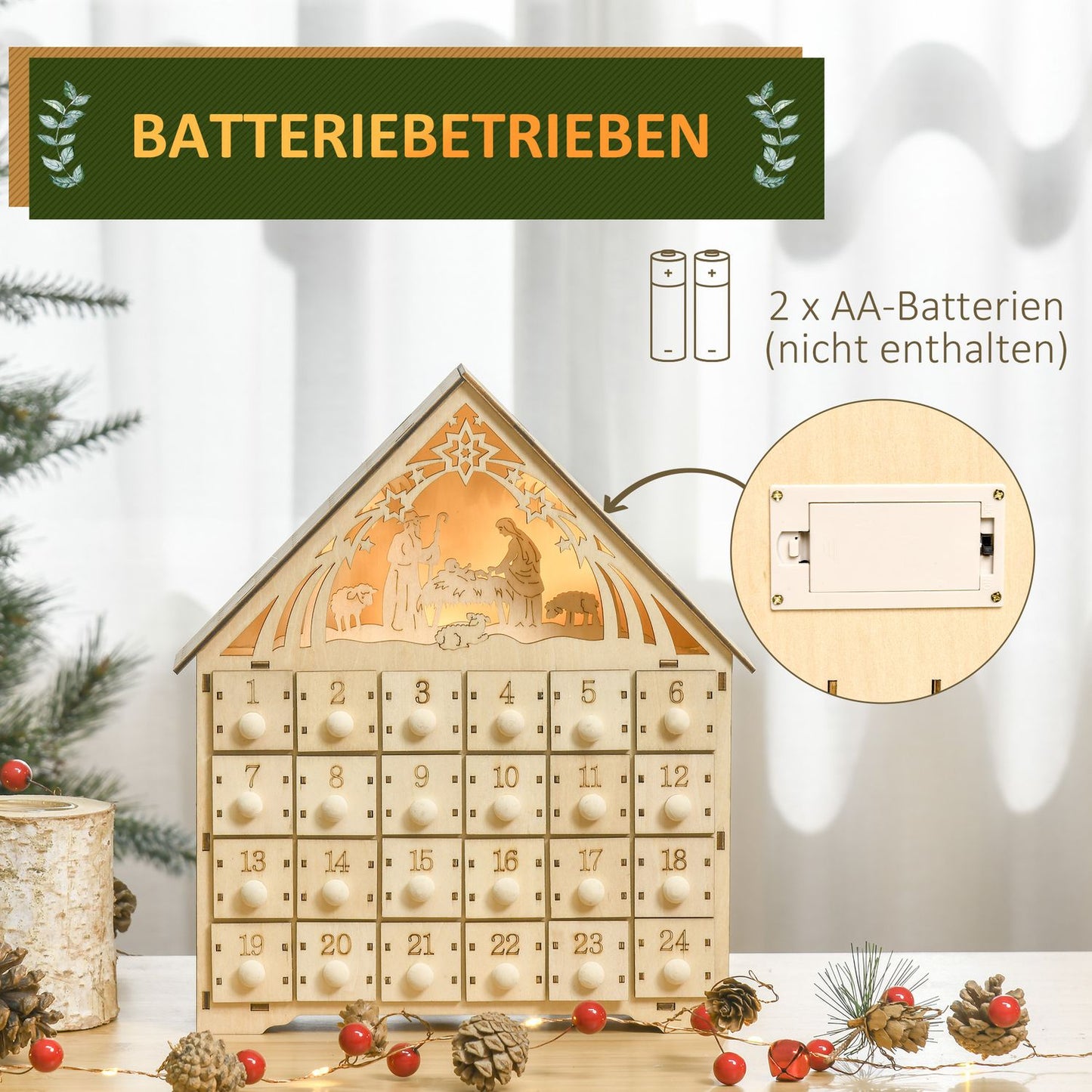 Advent calendar with 24 LED-illuminated wooden boxes