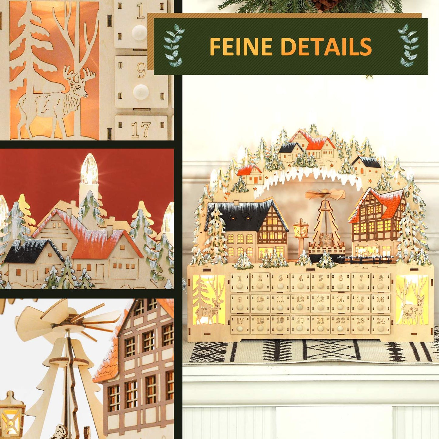 Advent calendar with LED light, Wood DIY 45x9x42.5 cm