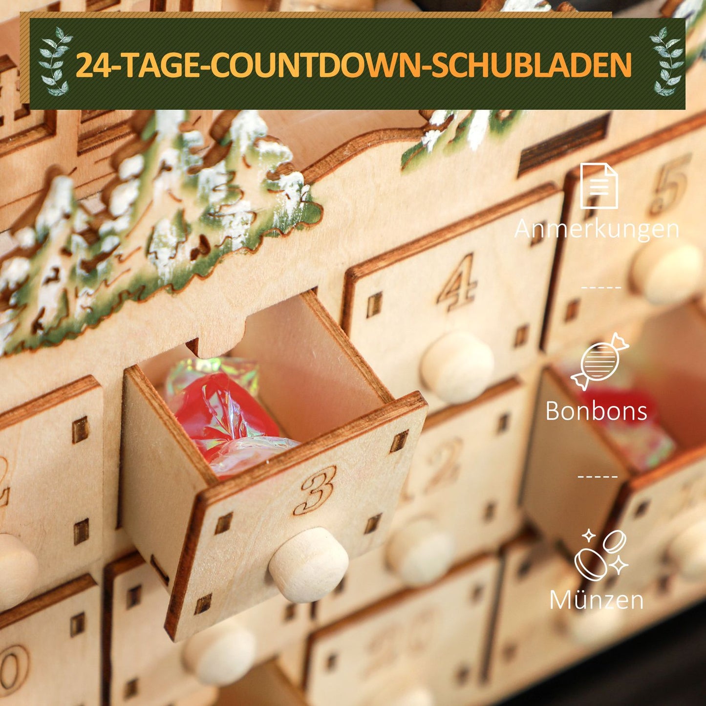 Advent calendar with LED light, Wood DIY 45x9x42.5 cm