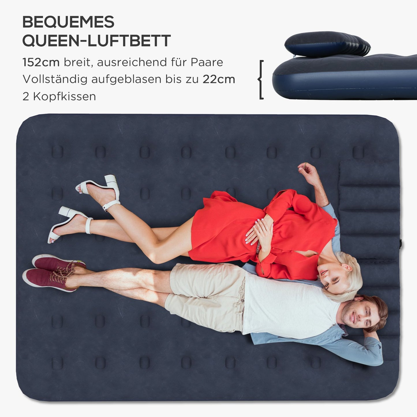 Double Air Mattress With Hand Pump & Pillow, Blue, 203x152x22Cm