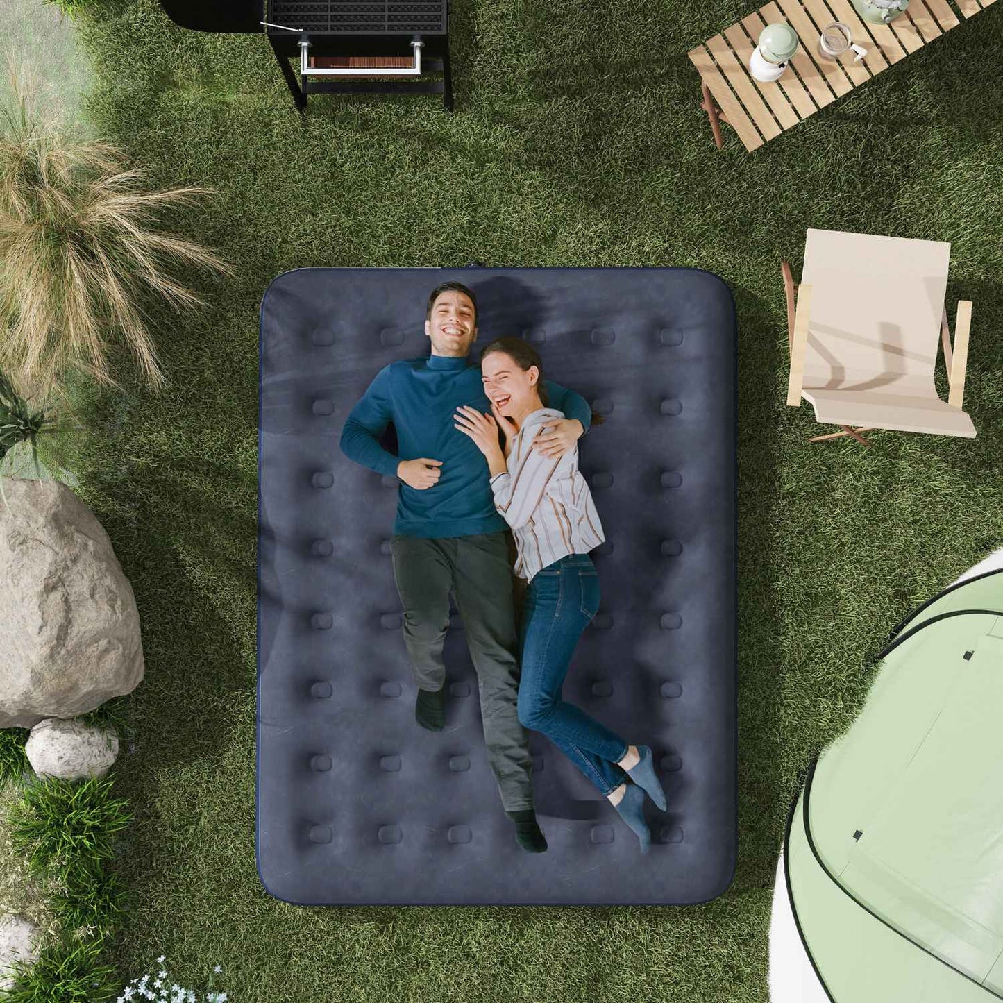 Double air bed for camping, foldable, dark blue, 203x152x22 cm