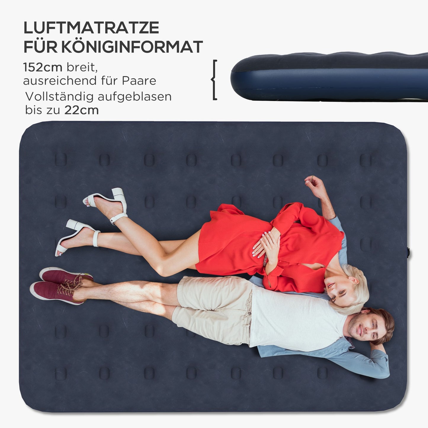 Double air bed for camping, foldable, dark blue, 203x152x22 cm