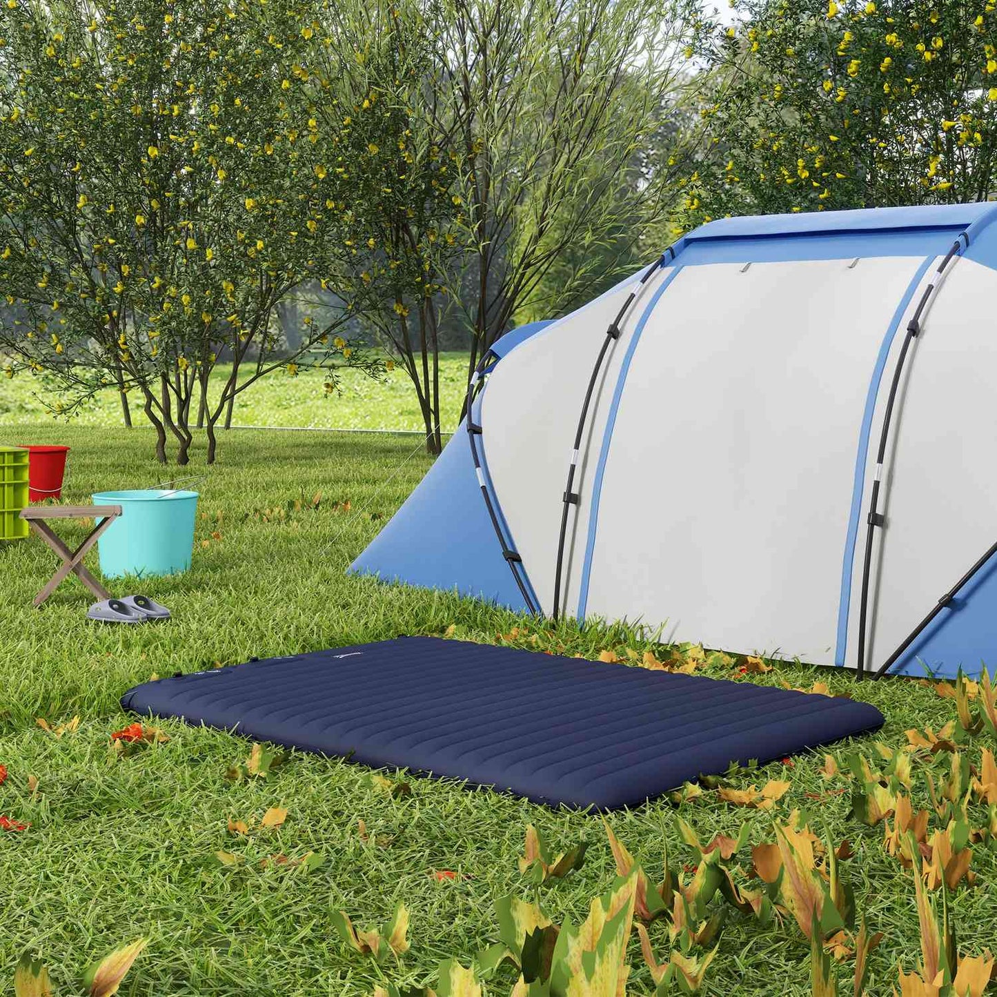 Foldable double air mattress with foot pump and carrying bag