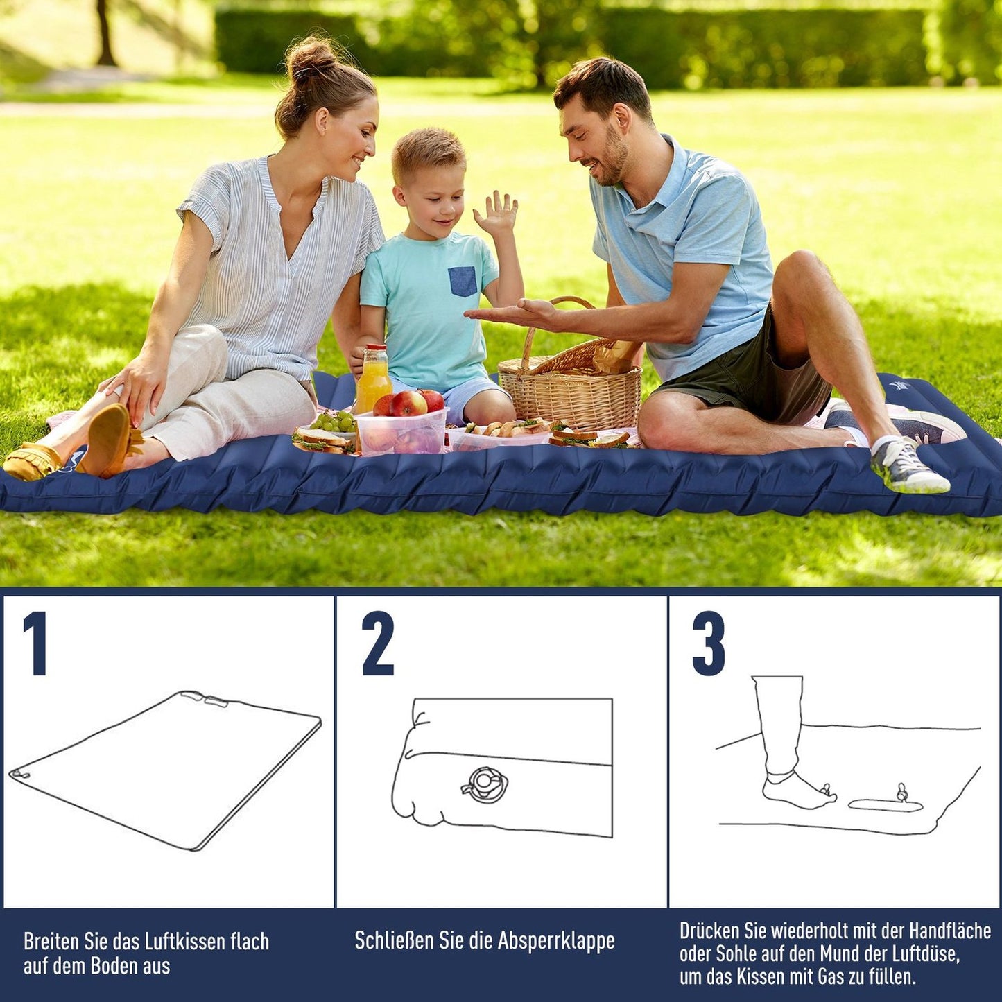 Inflatable camping mattress - Navy blue, PVC, 195x138x10 cm