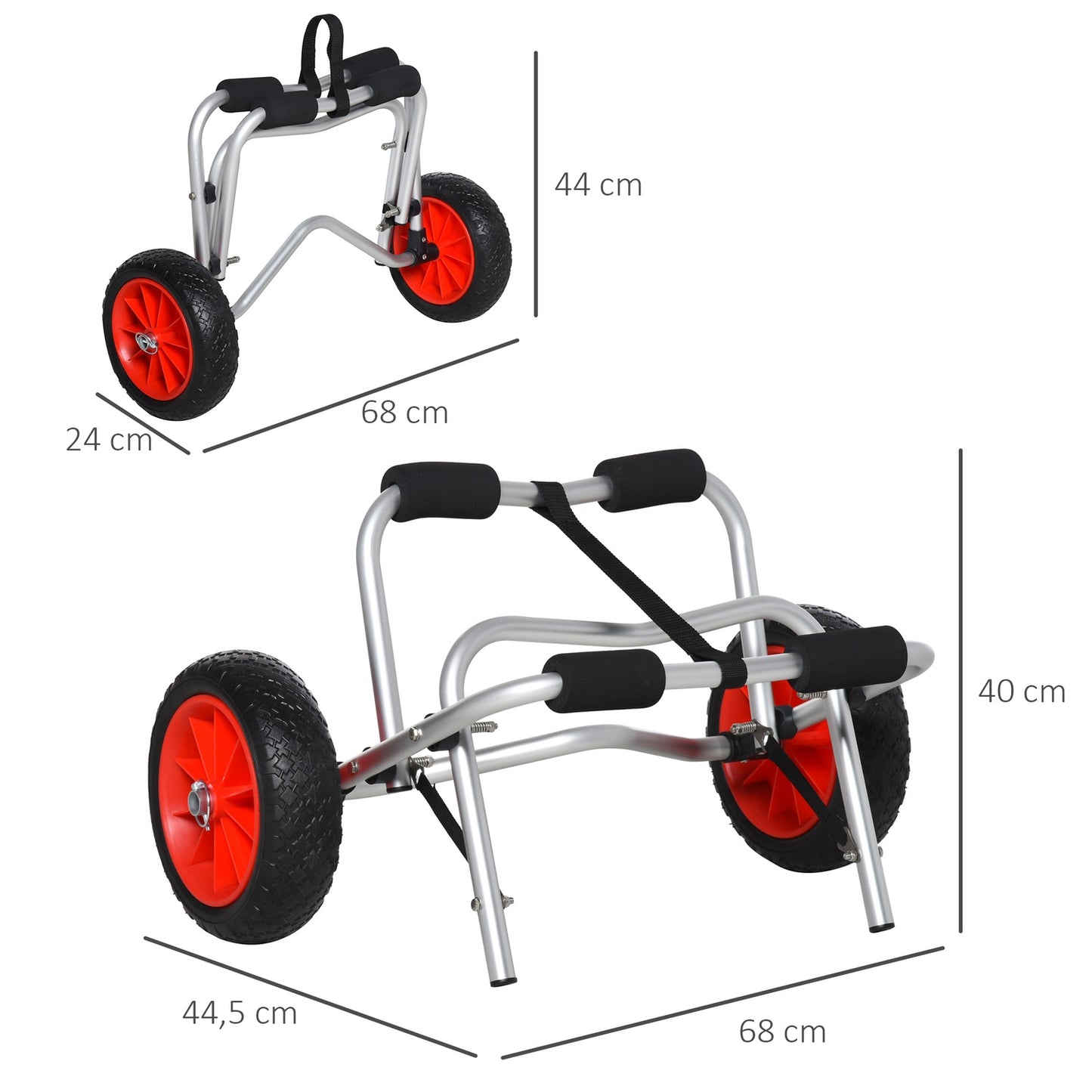 Collapsible canoe and kayak trailer in aluminum with strap, PU wheels