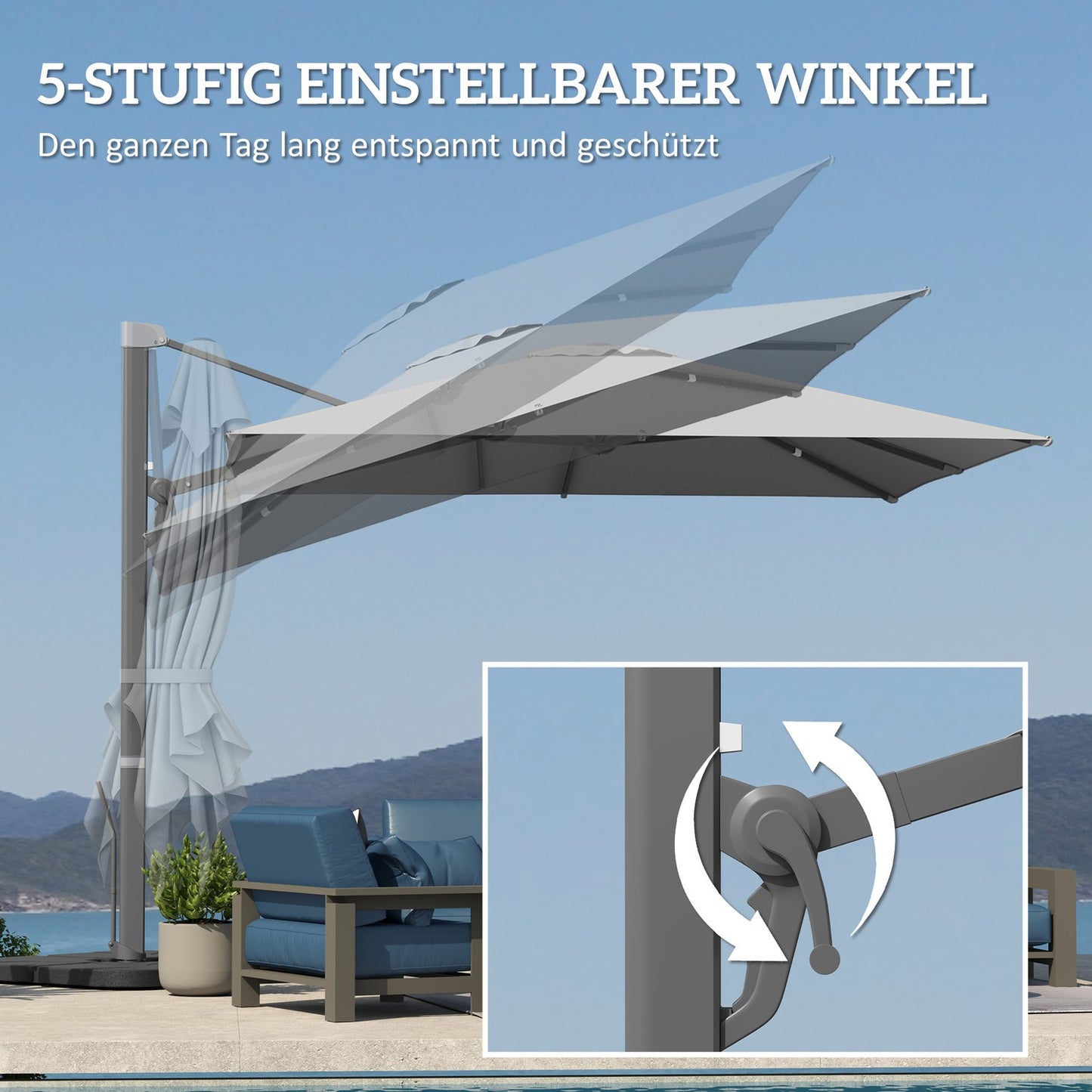 Aluminum Cantilever Umbrella 3x3m, Rotating 360°, Light Grey