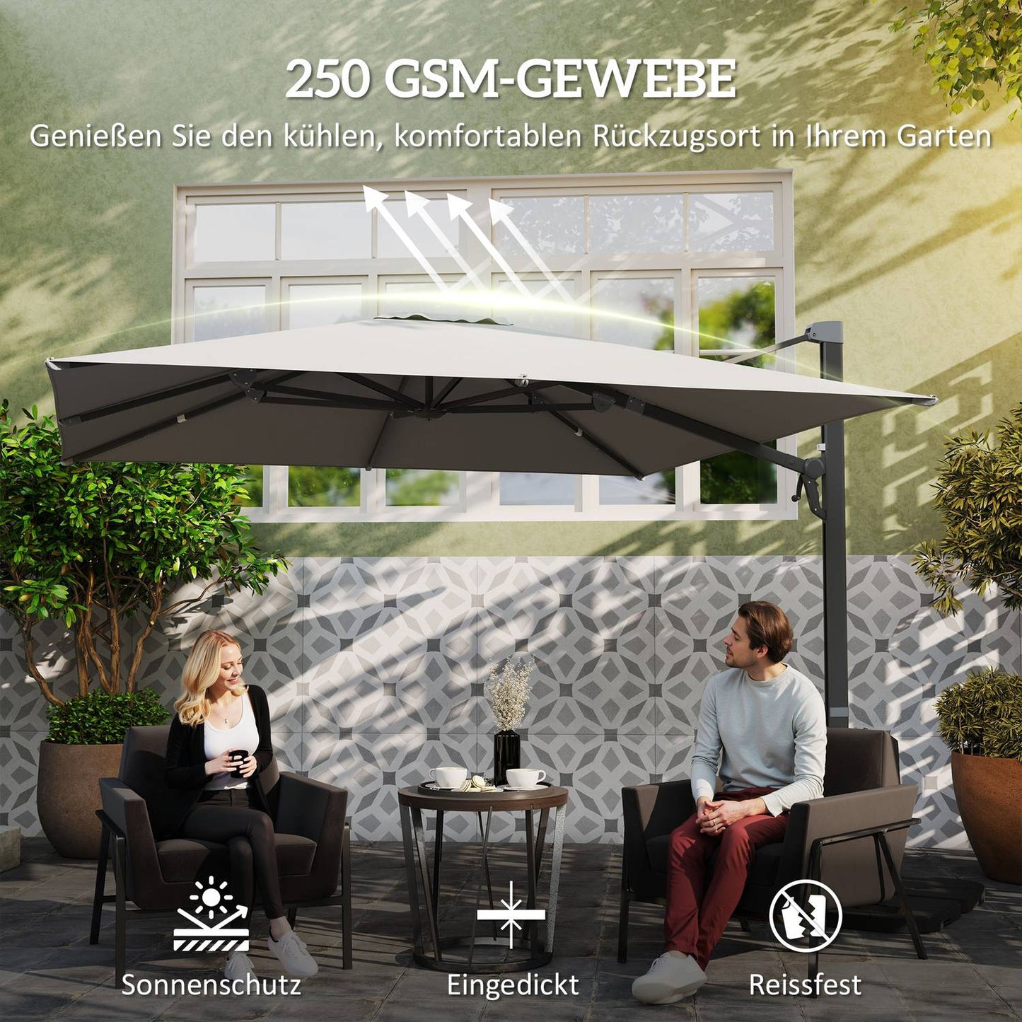 Aluminum Cantilever Umbrella 3x3m, Rotating 360°, Light Grey