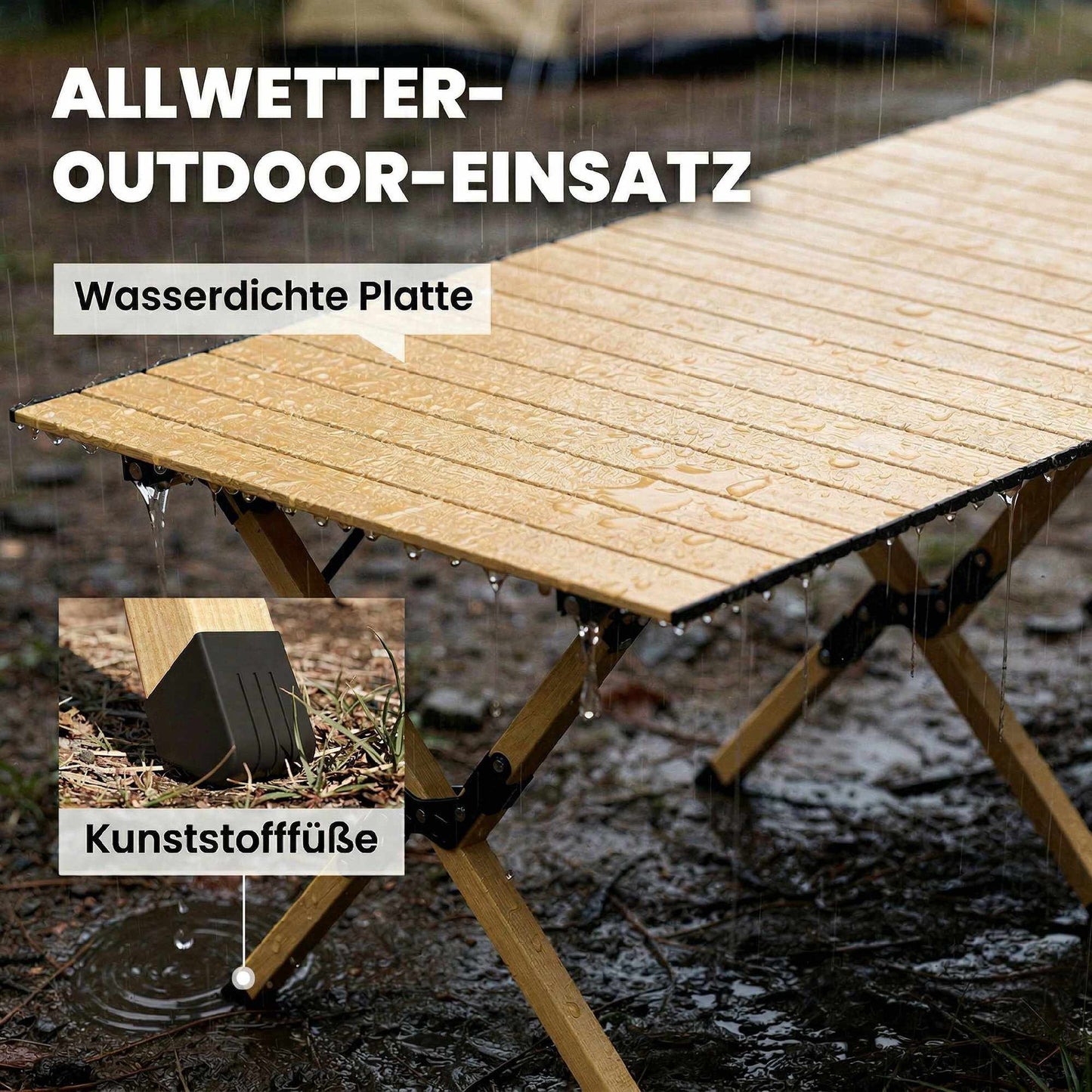 Aluminum Folding Camping Table, 117x60 cm, Roll-Up Wood Look