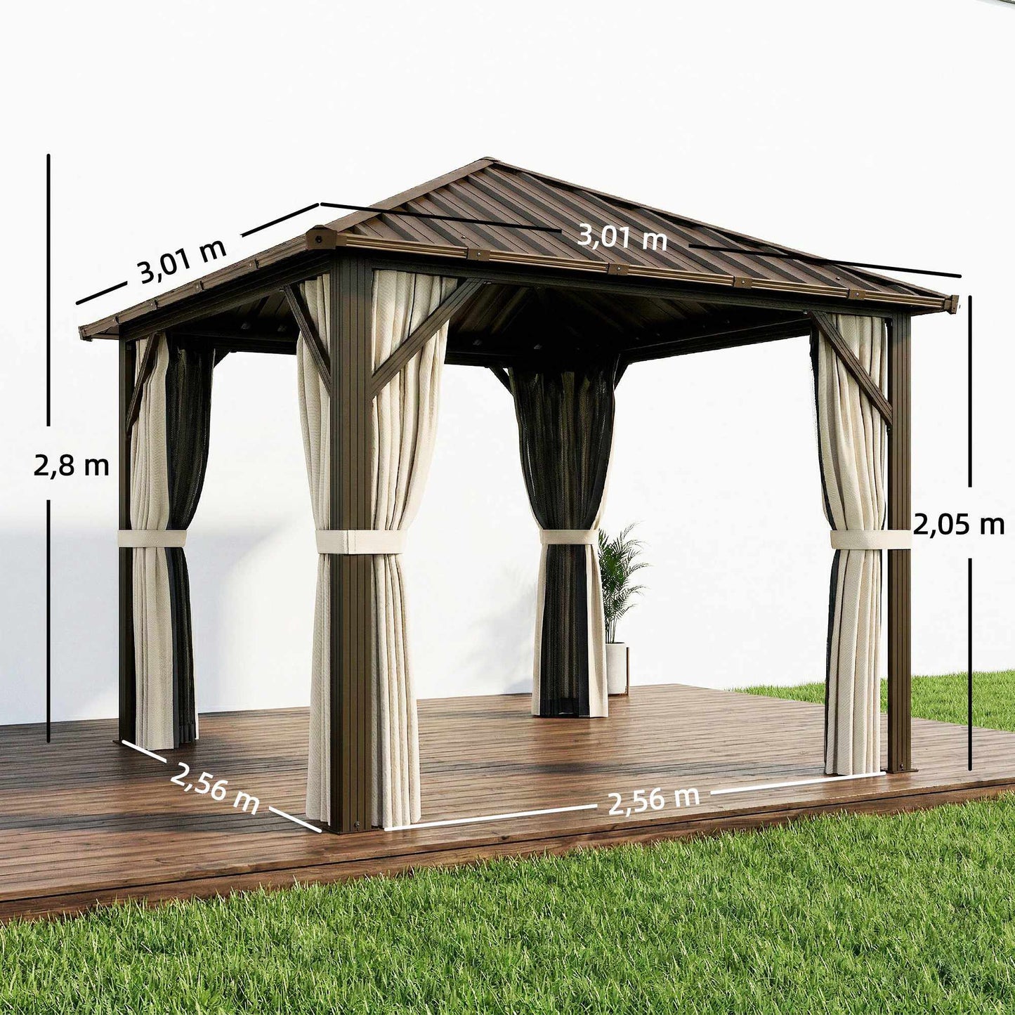 Aluminum Garden Pavilion with Steel Roof, Mosquito Net, 3x3m
