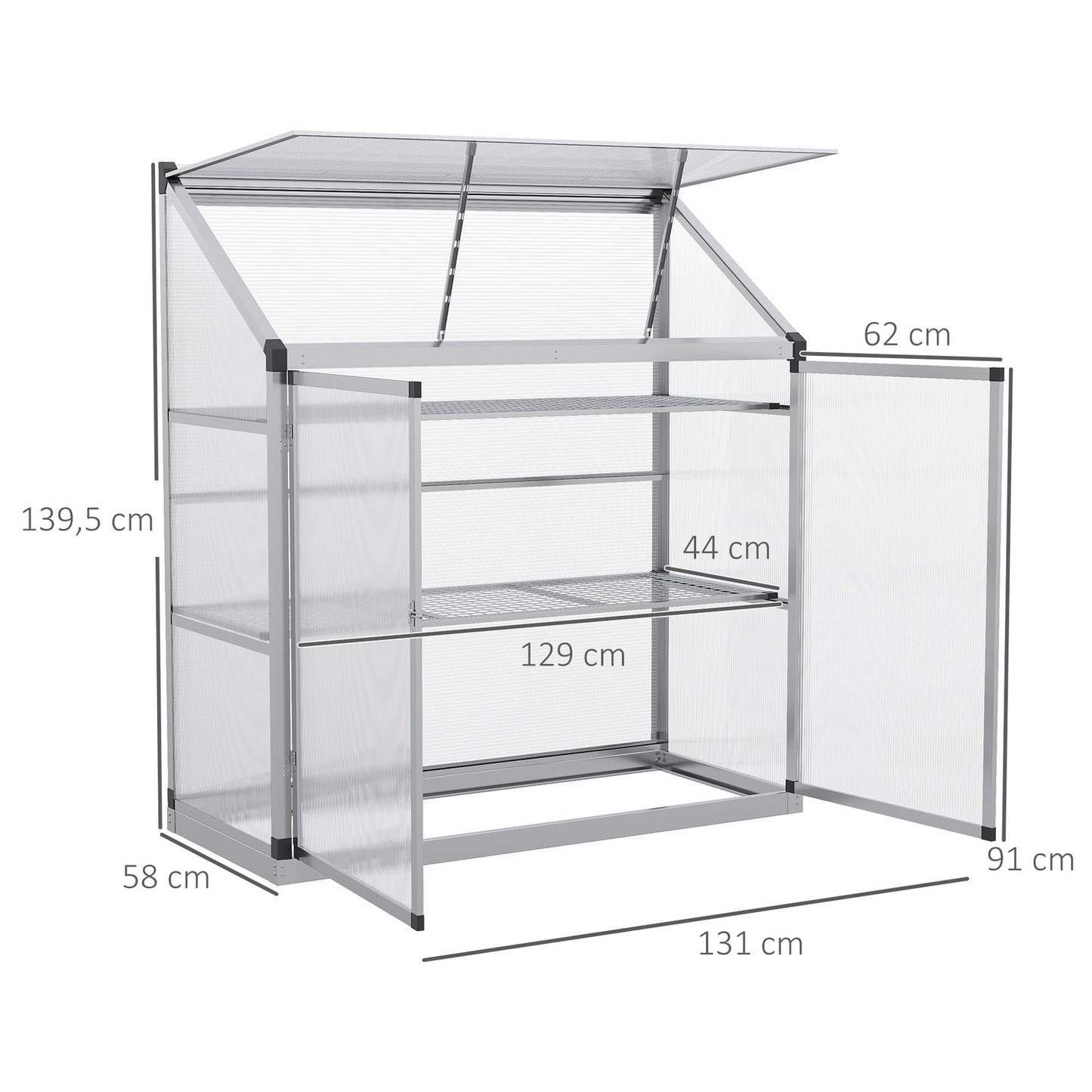 Aluminum greenhouse with foundation, 3-level cold frame