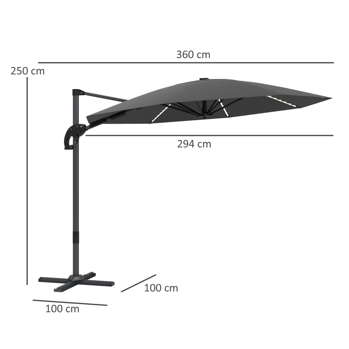 Parasol in aluminum - 300 cm, LED Solar, UV50+ Adjustable