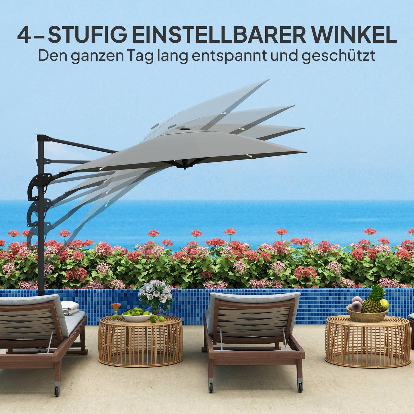 Parasol in aluminum - 300 cm, LED Solar, UV50+ Adjustable