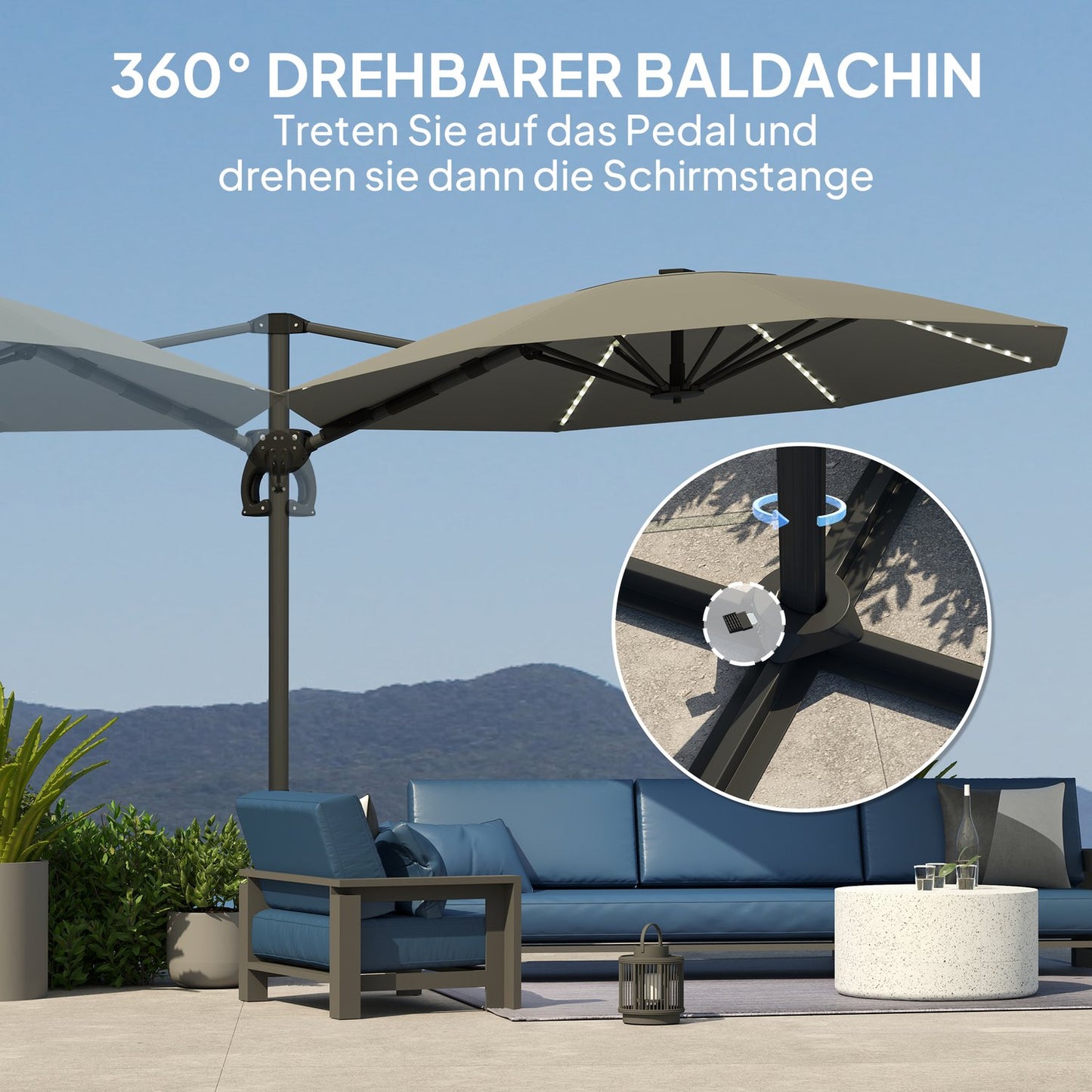 Parasol in aluminum - 300 cm, LED Solar, UV50+ Adjustable