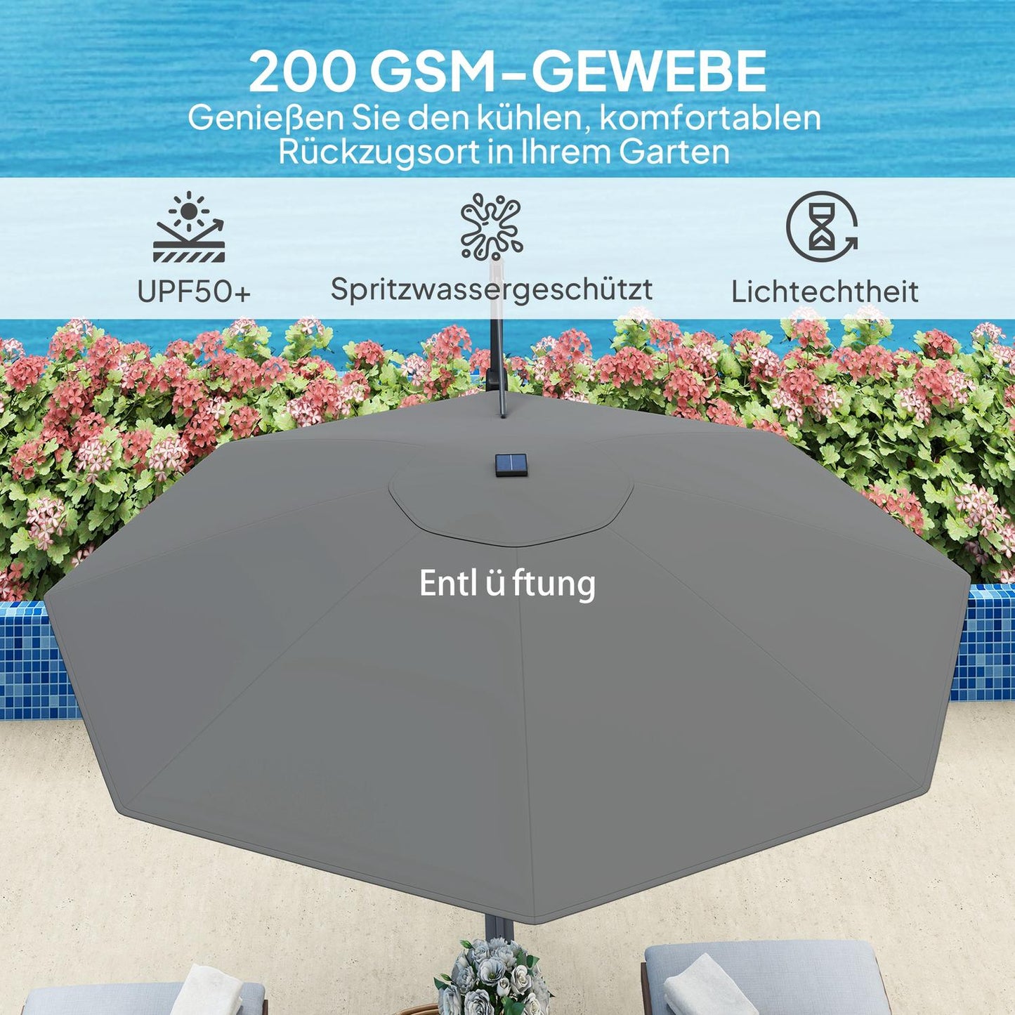 Parasol in aluminum - 300 cm, LED Solar, UV50+ Adjustable