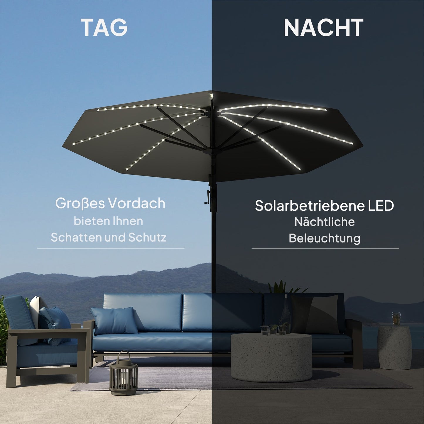Parasol in aluminum - 300 cm, LED Solar, UV50+ Adjustable