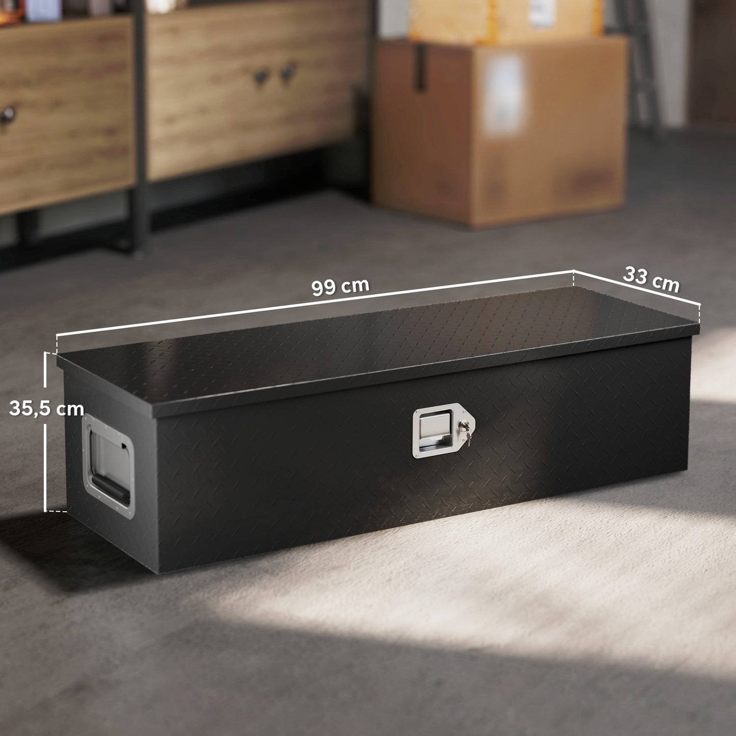 Black aluminum storage box - Lockable, 99 x 33 x 25.5 cm