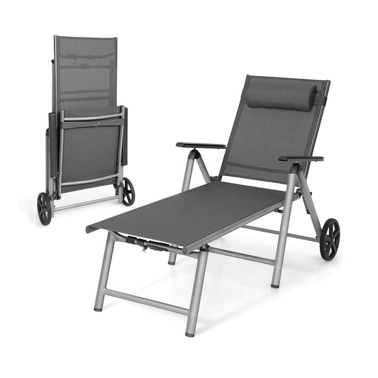 Aluminum deck chair with wheels Folding sun lounger 137.5 x 75 x 23.5 cm Gray