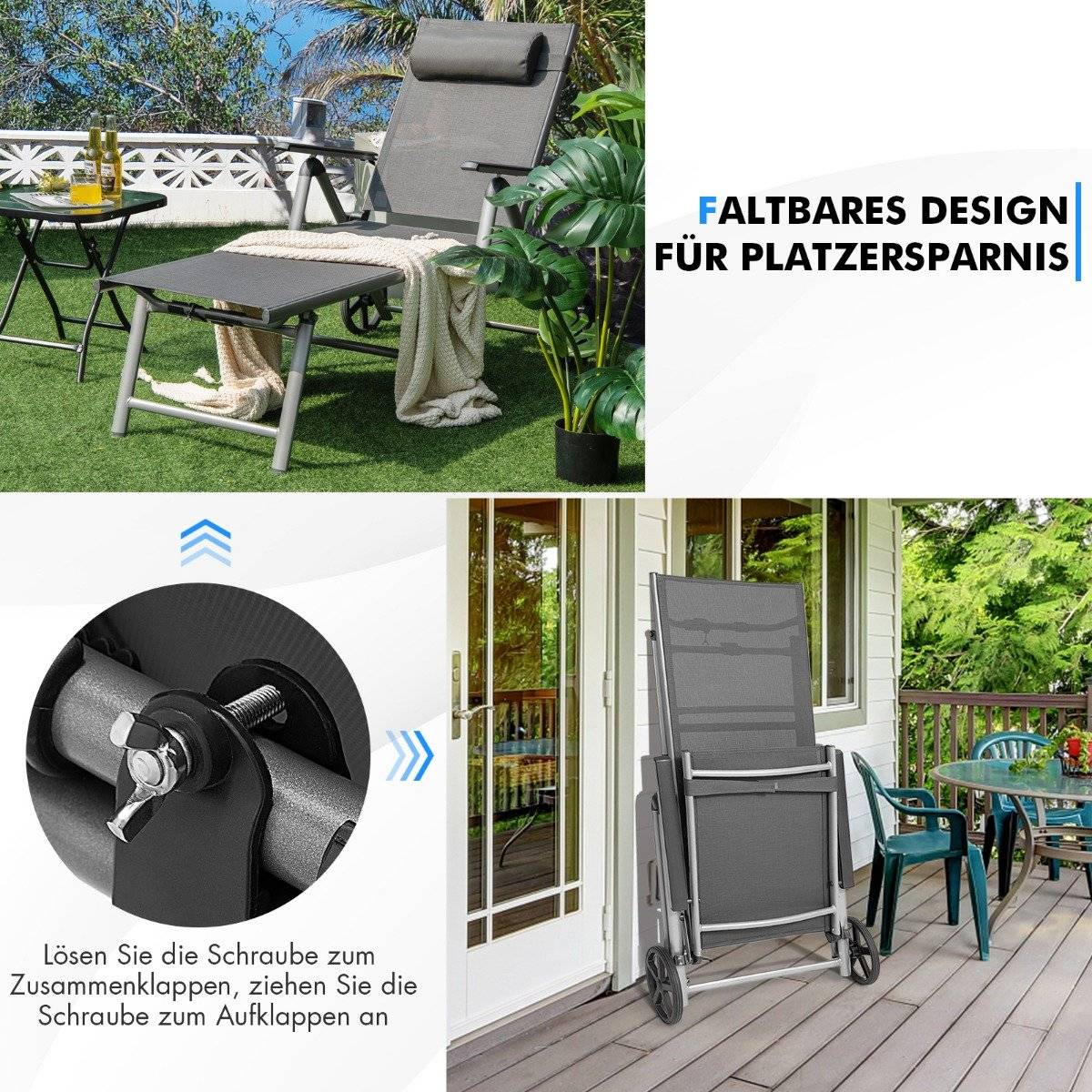 Aluminum deck chair with wheels Folding sun lounger 137.5 x 75 x 23.5 cm Gray