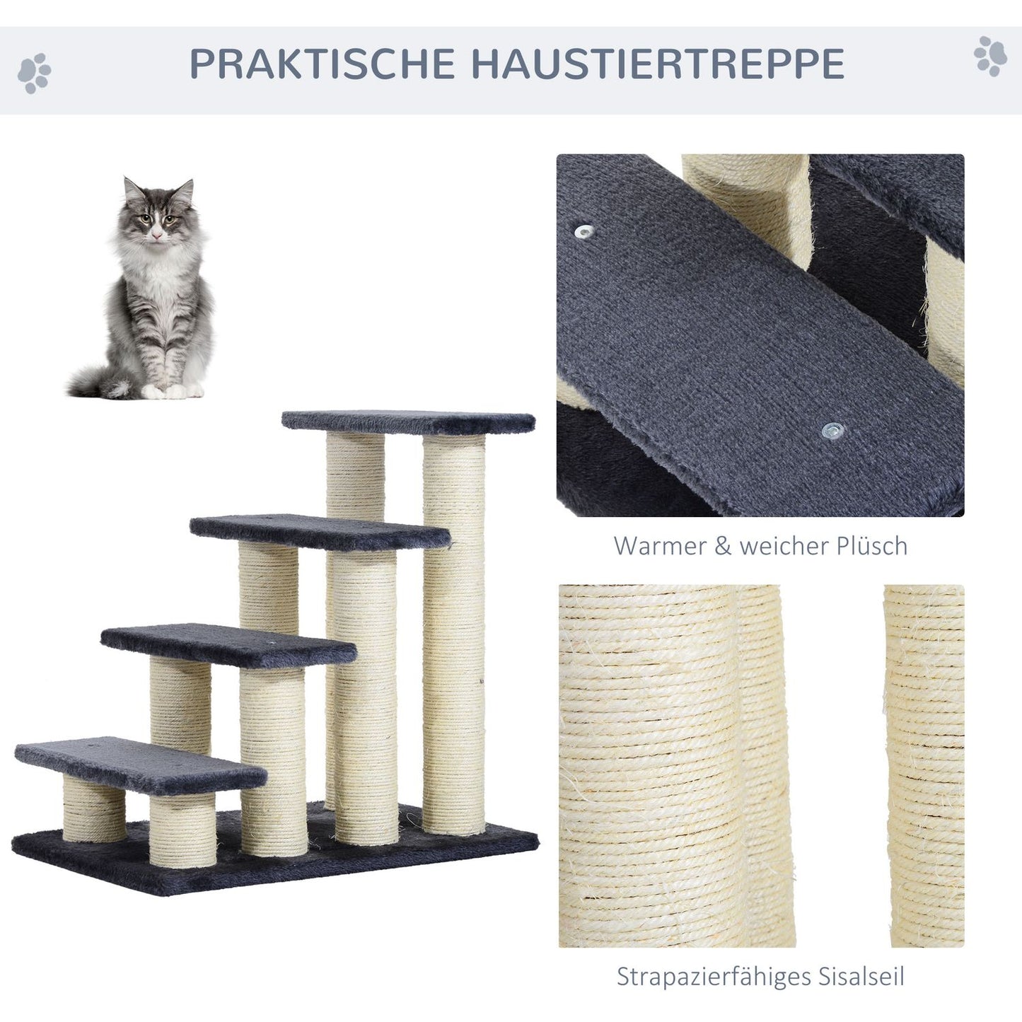 4-step soft plush pet stairs, gray, 60x40.5x59 cm