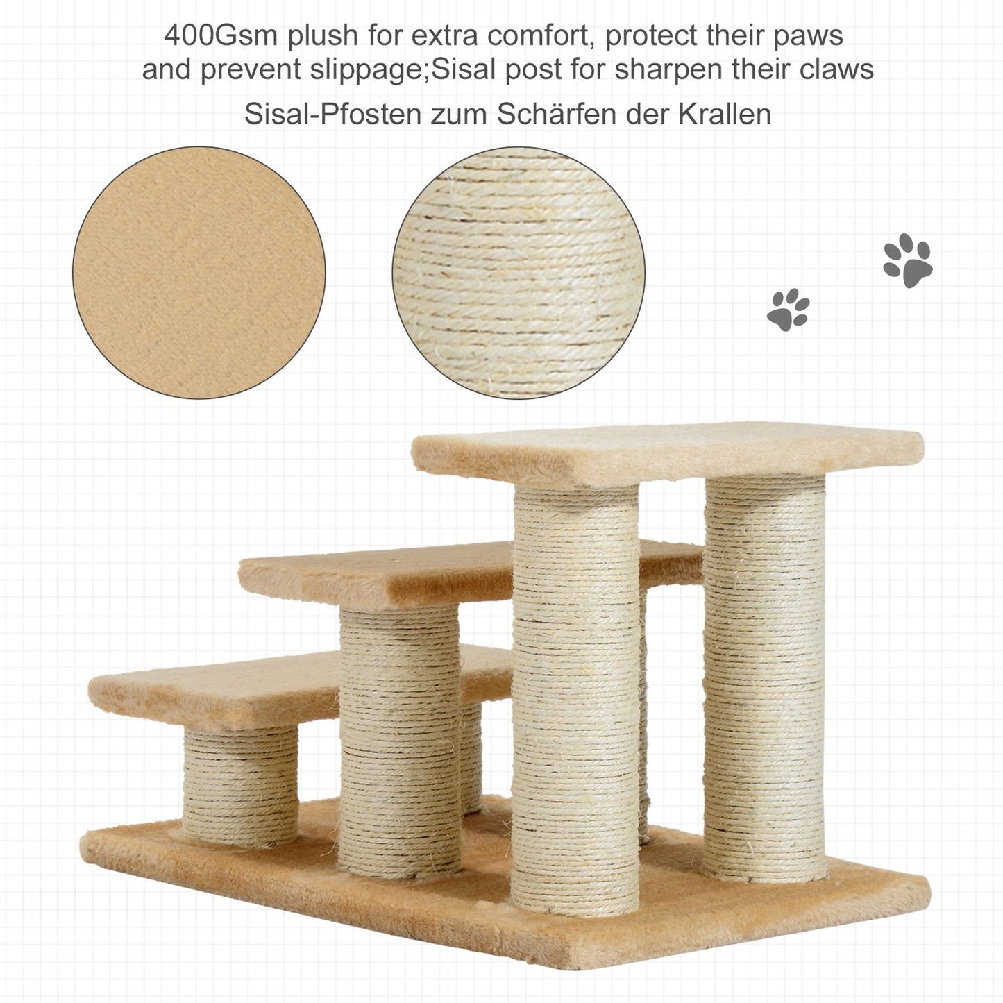 3-step plush stairs for dogs and cats, cream, 45x35x34 cm