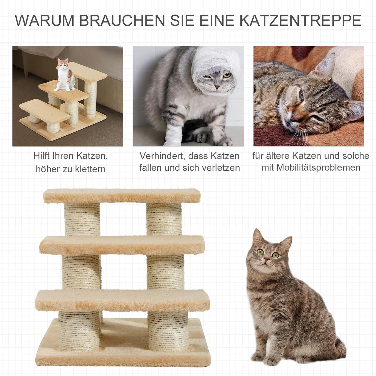 3-step plush stairs for dogs and cats, cream, 45x35x34 cm