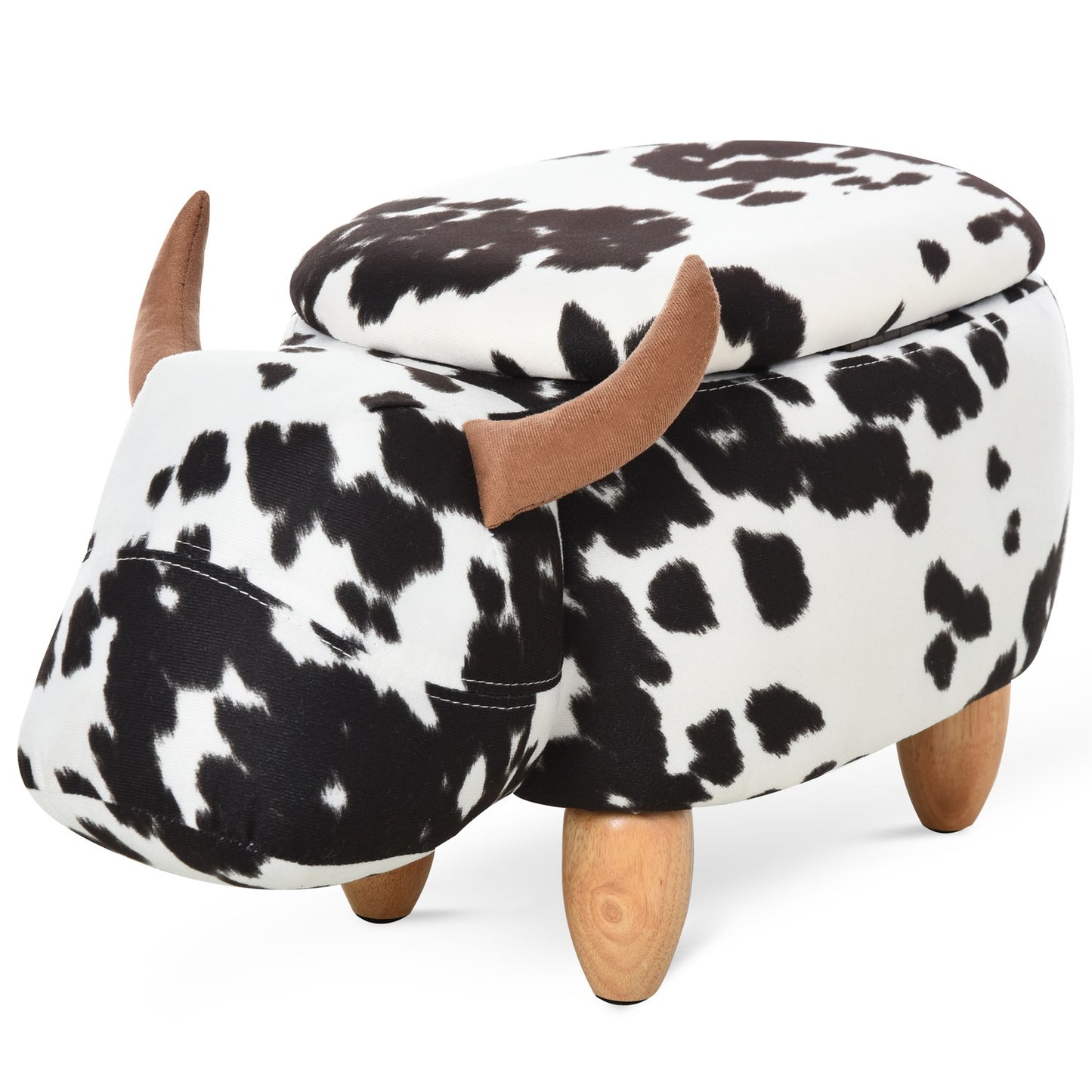 Animal stool with storage, stuffed pig design, black/white