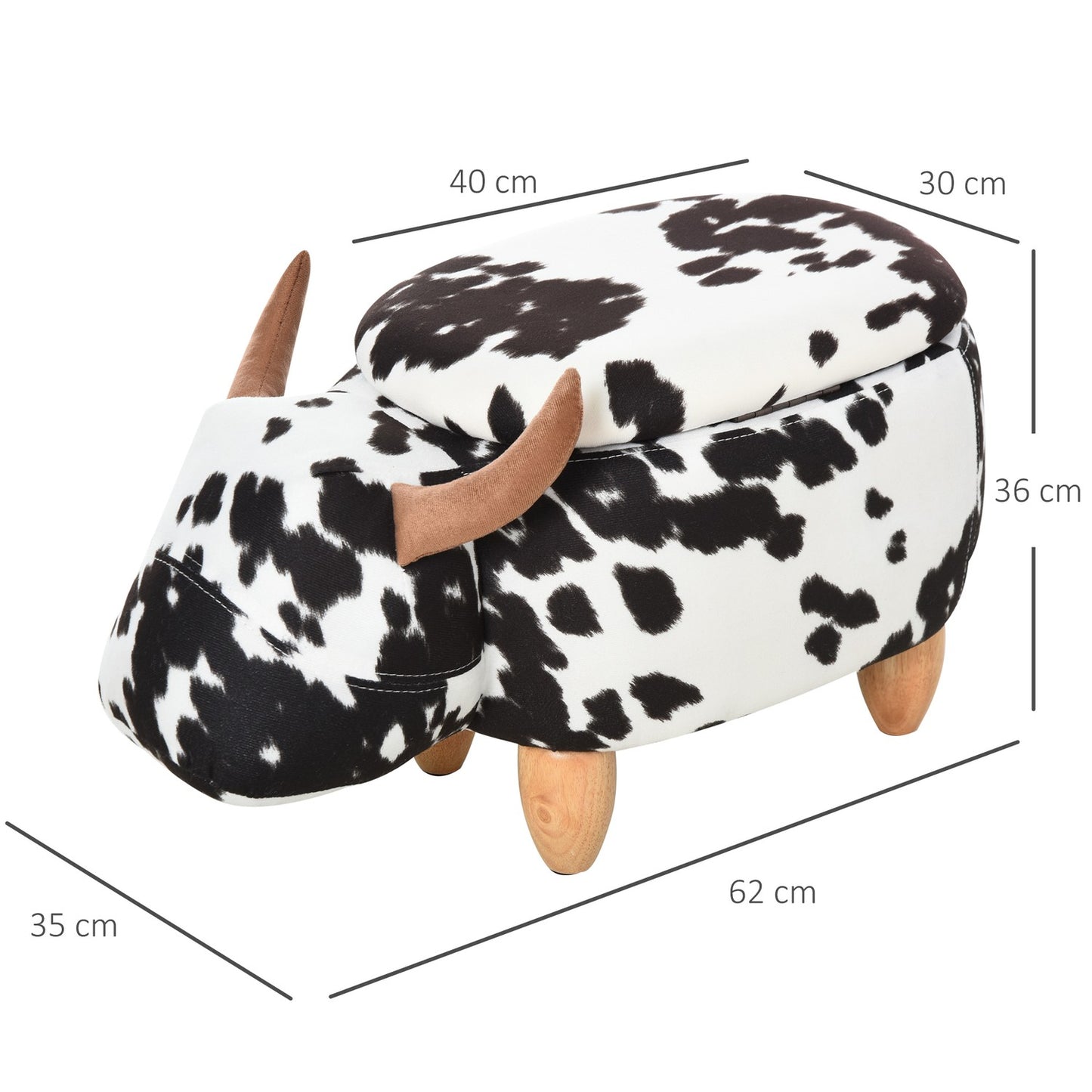 Animal stool with storage, stuffed pig design, black/white