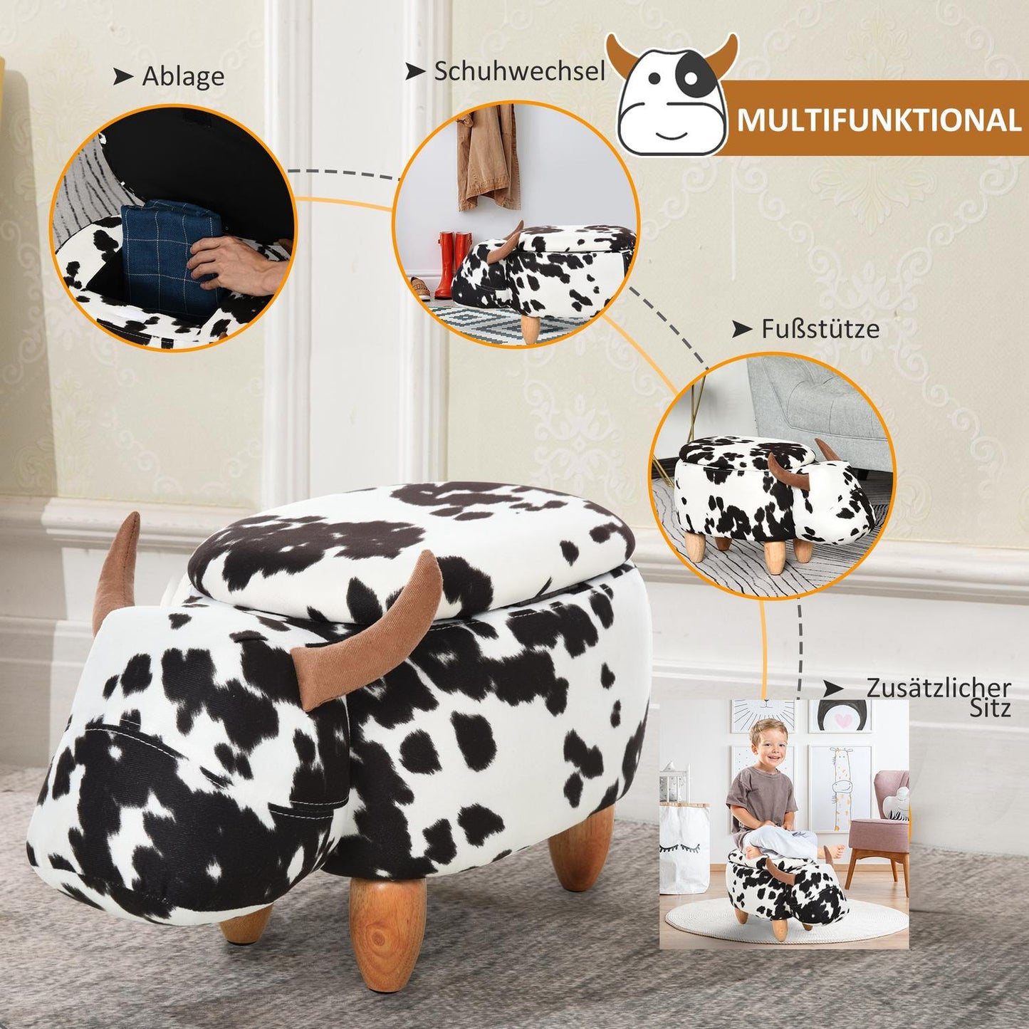 Animal stool with storage, stuffed pig design, black/white