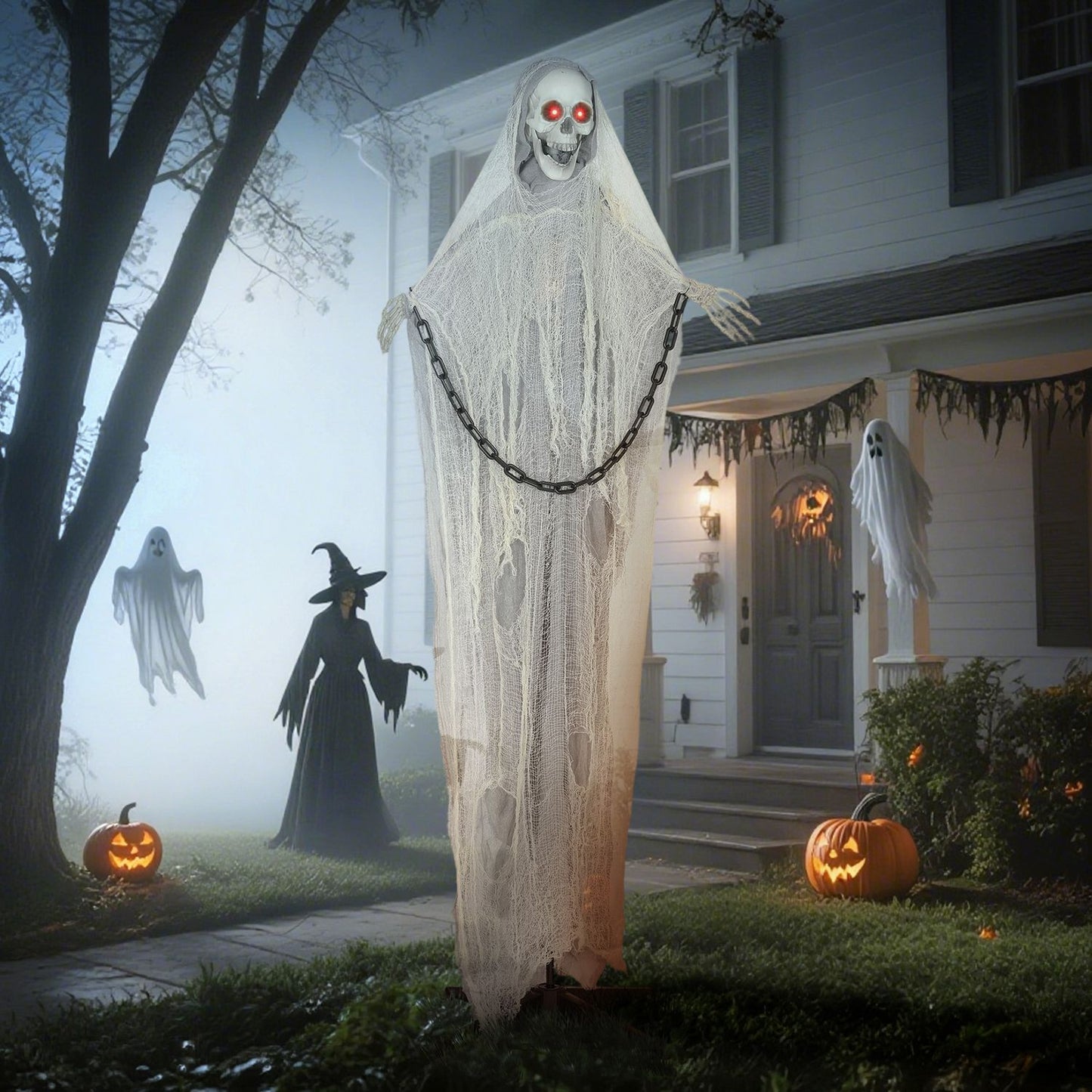 Animated Grim Reaper Halloween Decor, 183cm, Light-Up Eyes