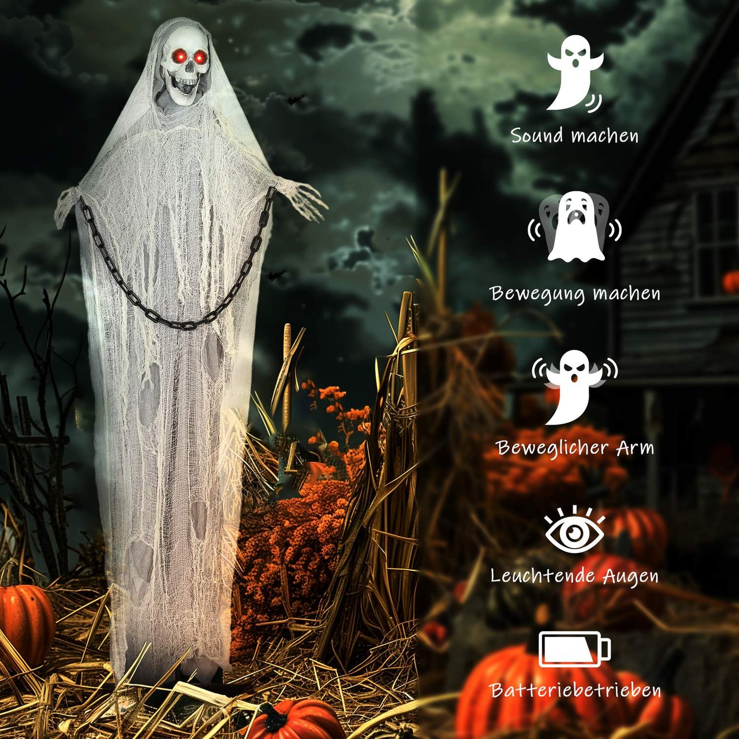 Animated Grim Reaper Halloween Decor, 183cm, Light-Up Eyes