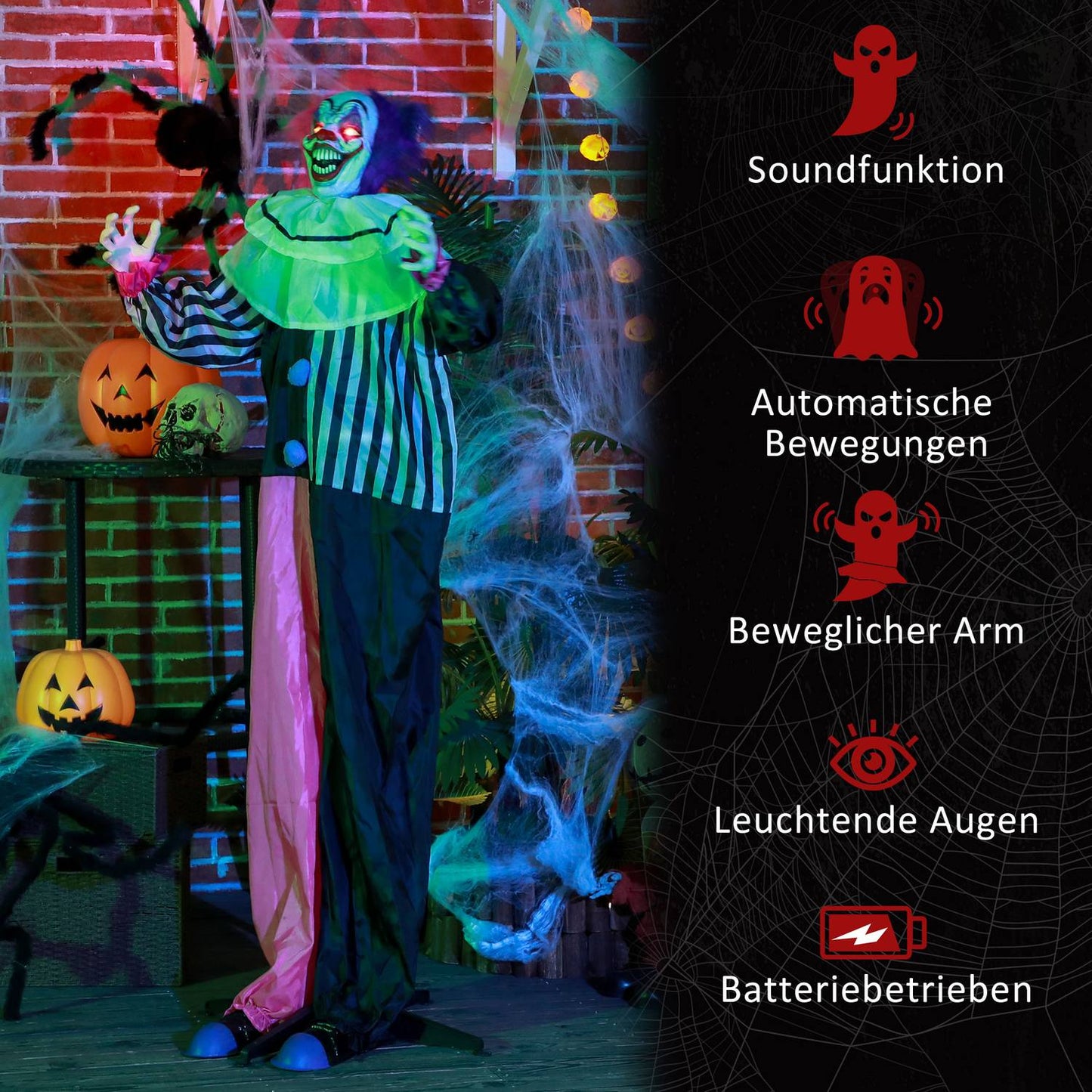 Animated Halloween Clown Prop with Motion & Sound, 173 cm