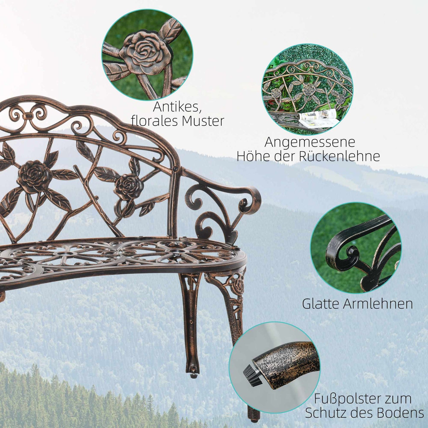 Antique Design Metal Garden Bench, Bronze, 2-Seater
