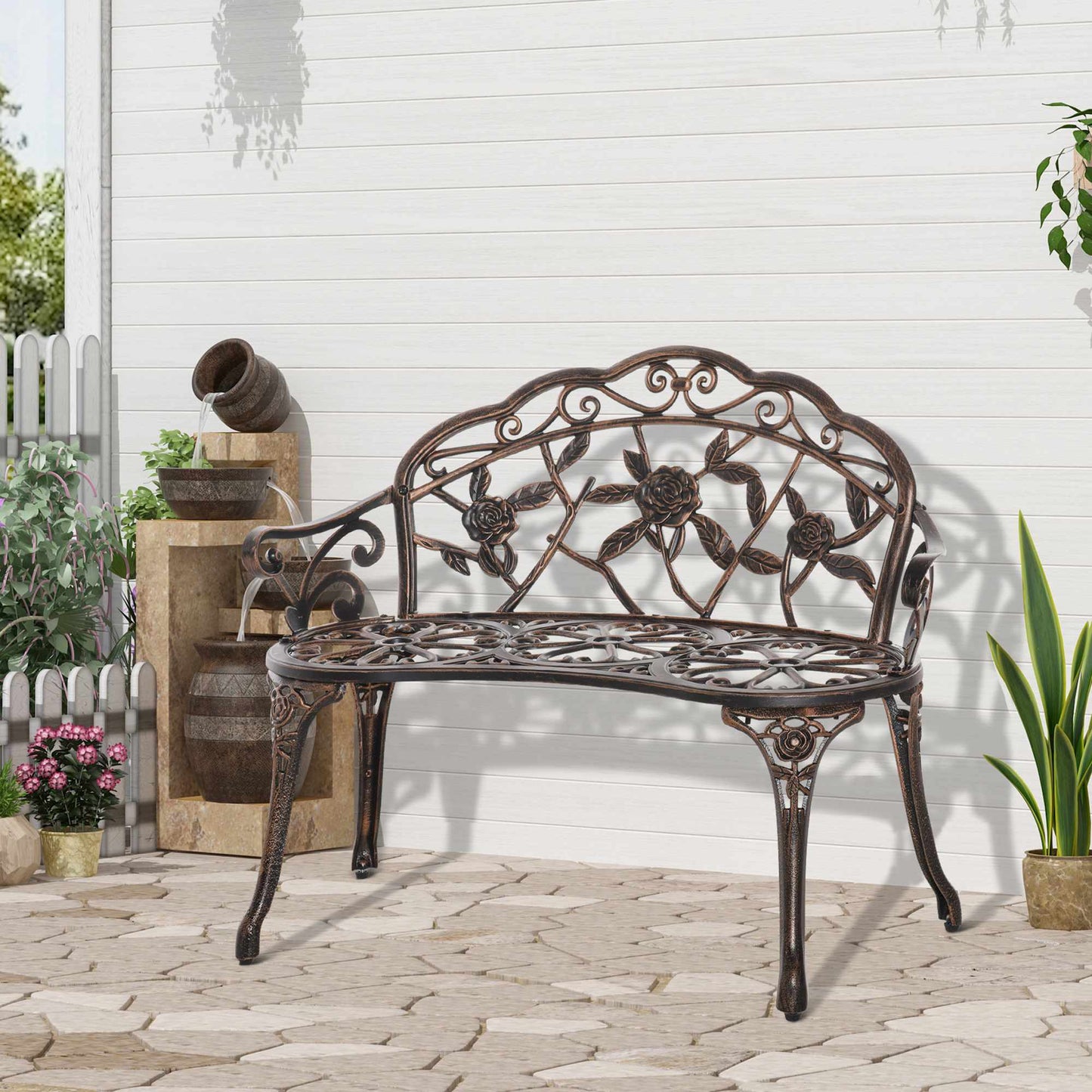 Antique Design Metal Garden Bench, Bronze, 2-Seater