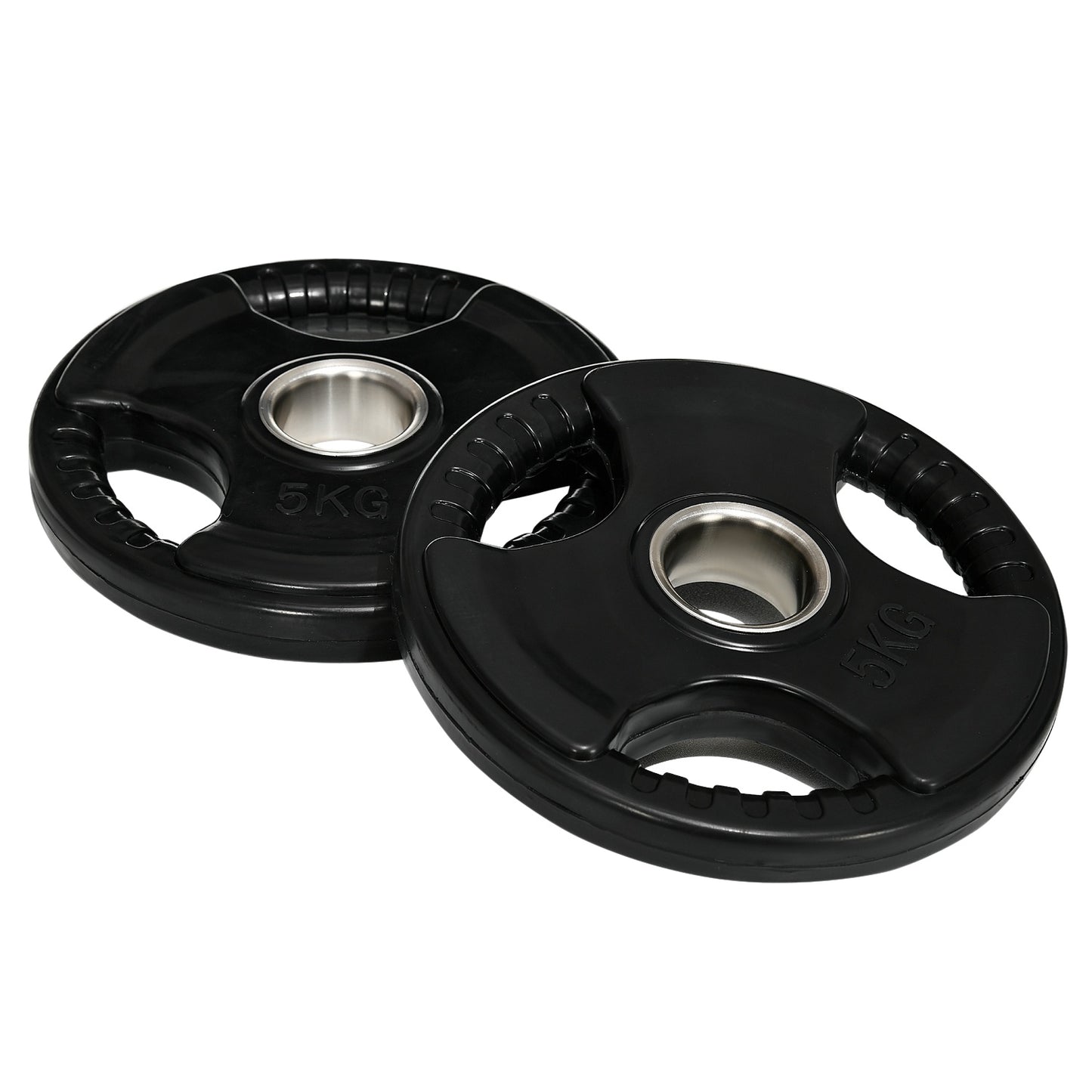 A pair of 5kg rubber Olympic Tri-Grip weight plates