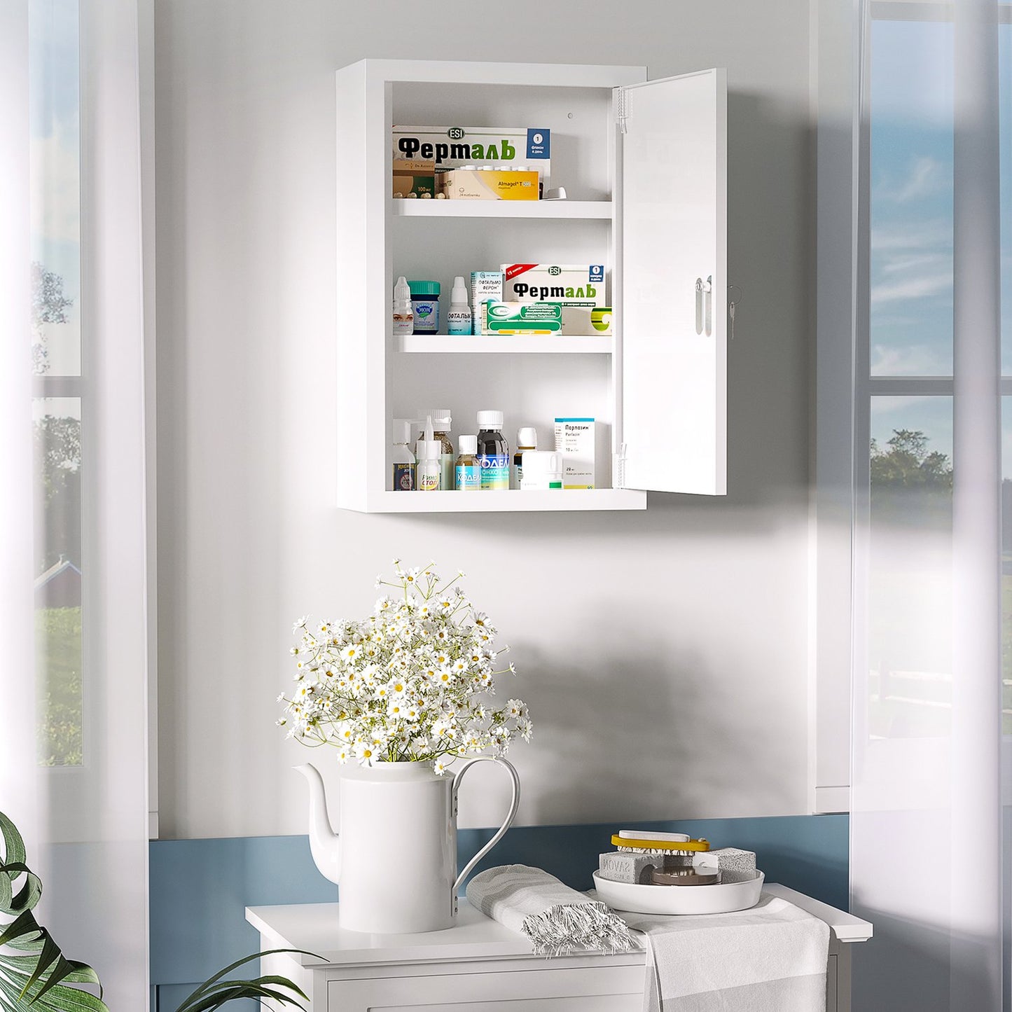 Lockable medicine cabinet in steel, 3 shelves, 2 keys, white
