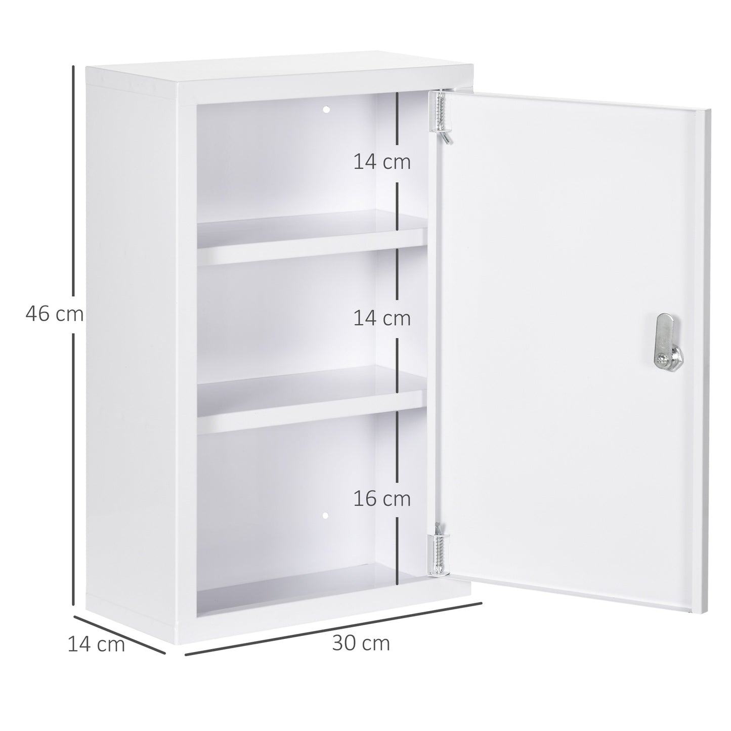 Lockable medicine cabinet in steel, 3 shelves, 2 keys, white