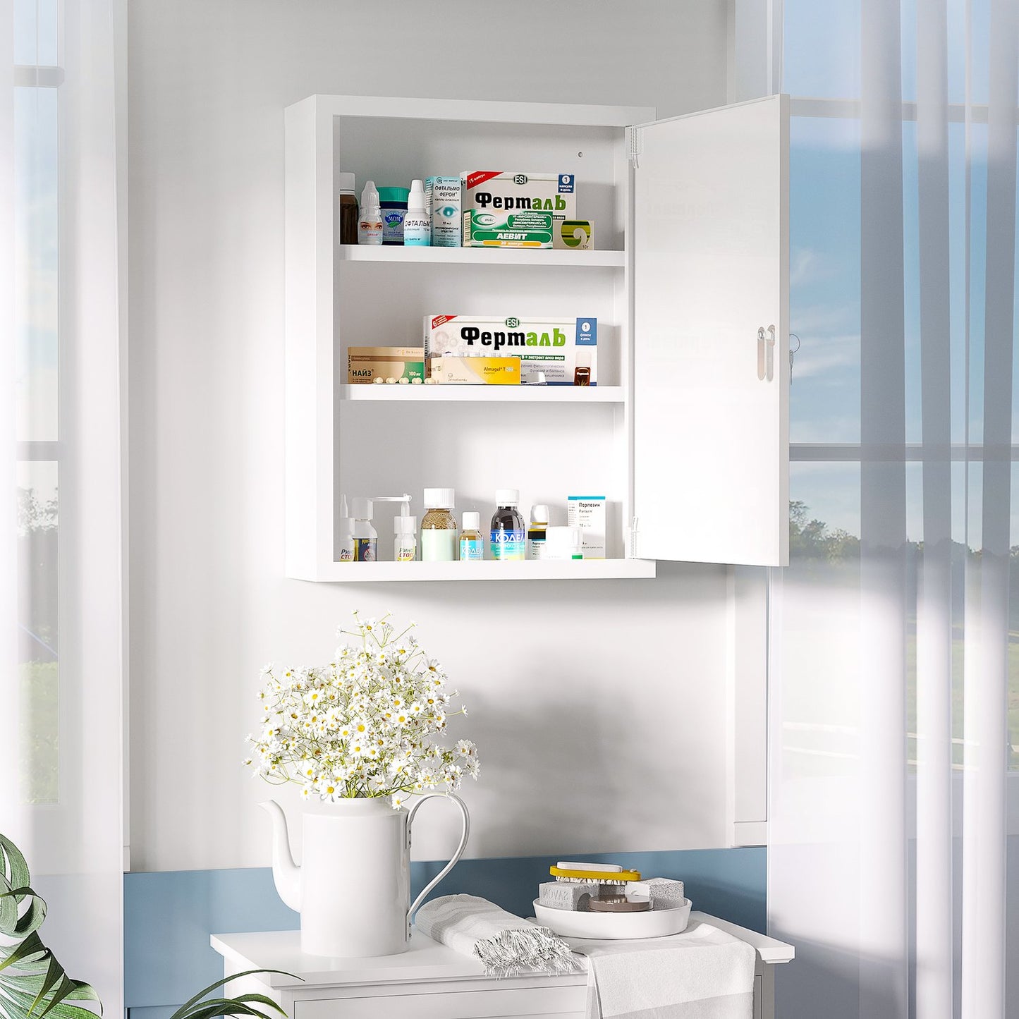 Wall-mounted Lockable pharmacy cabinet in steel, white 40x15x53.5 cm