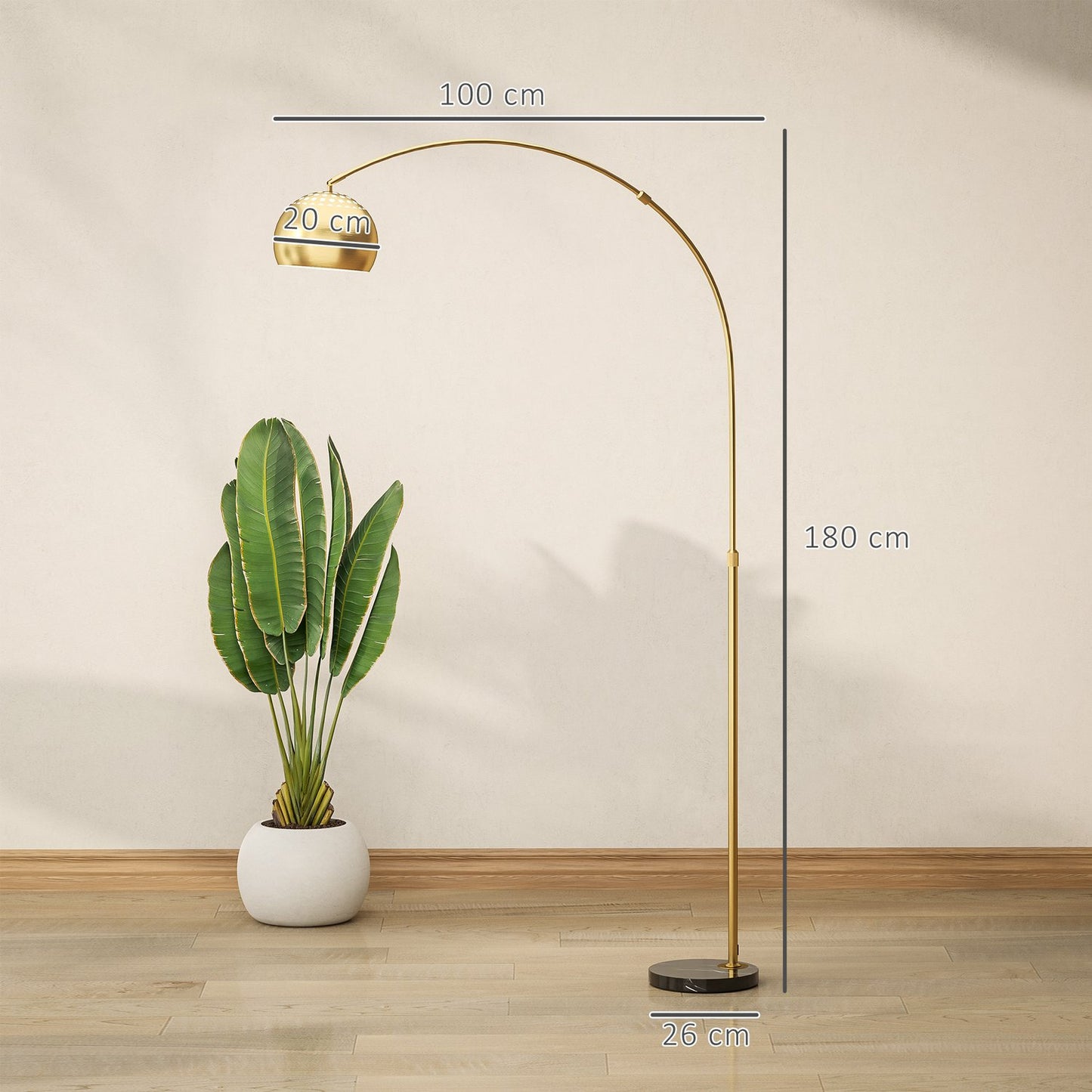 Arc Floor Lamp, Marble Base, 180 cm, Black/Gold