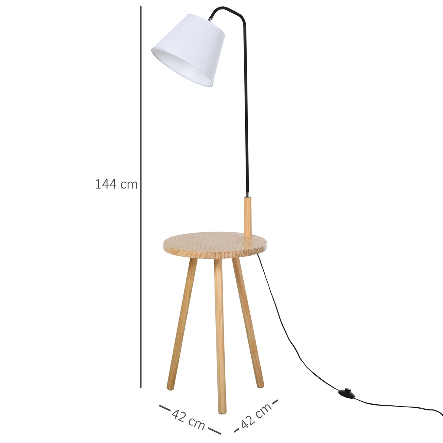 Scandinavian floor lamp with wooden table - White, 42x144Cm