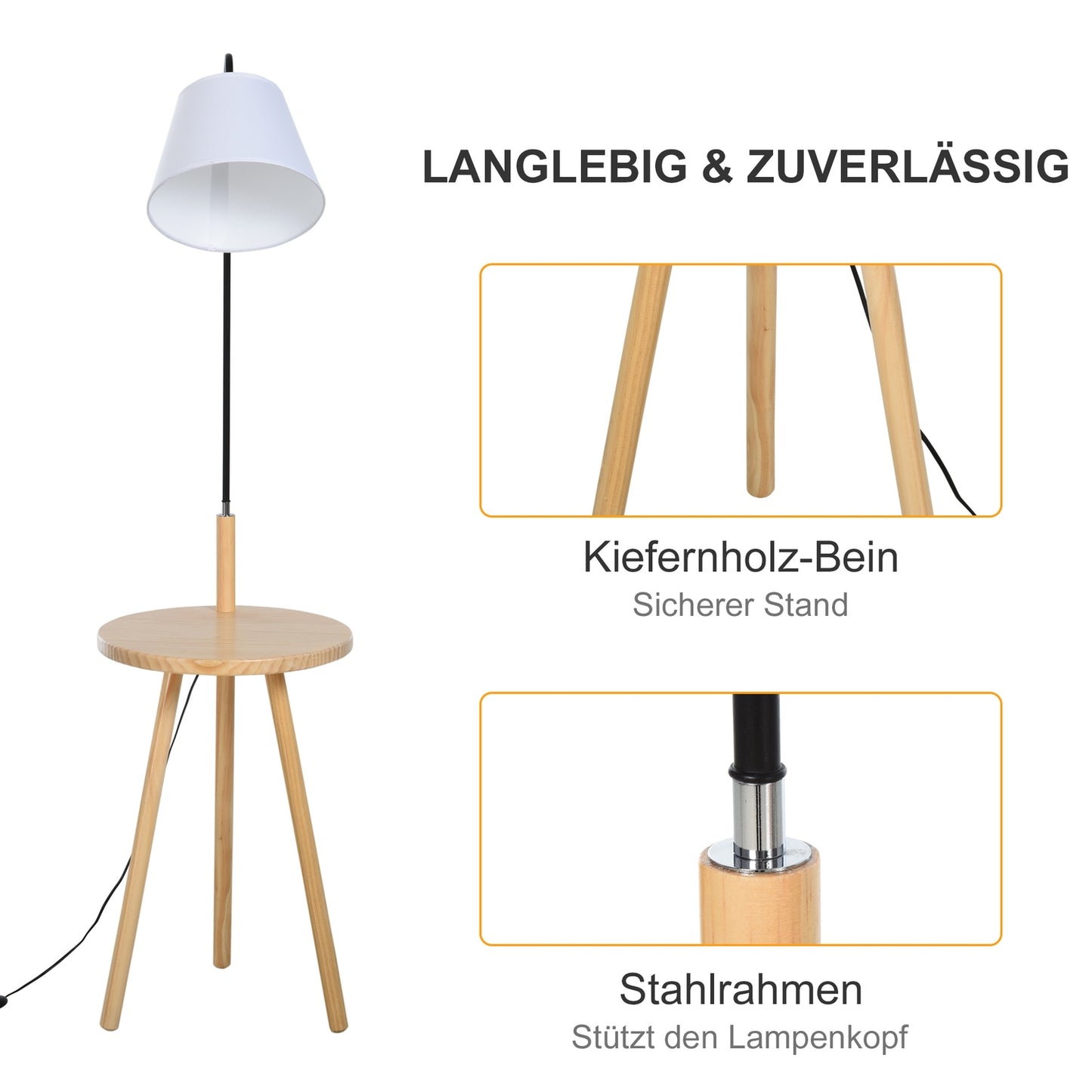 Scandinavian floor lamp with wooden table - White, 42x144Cm