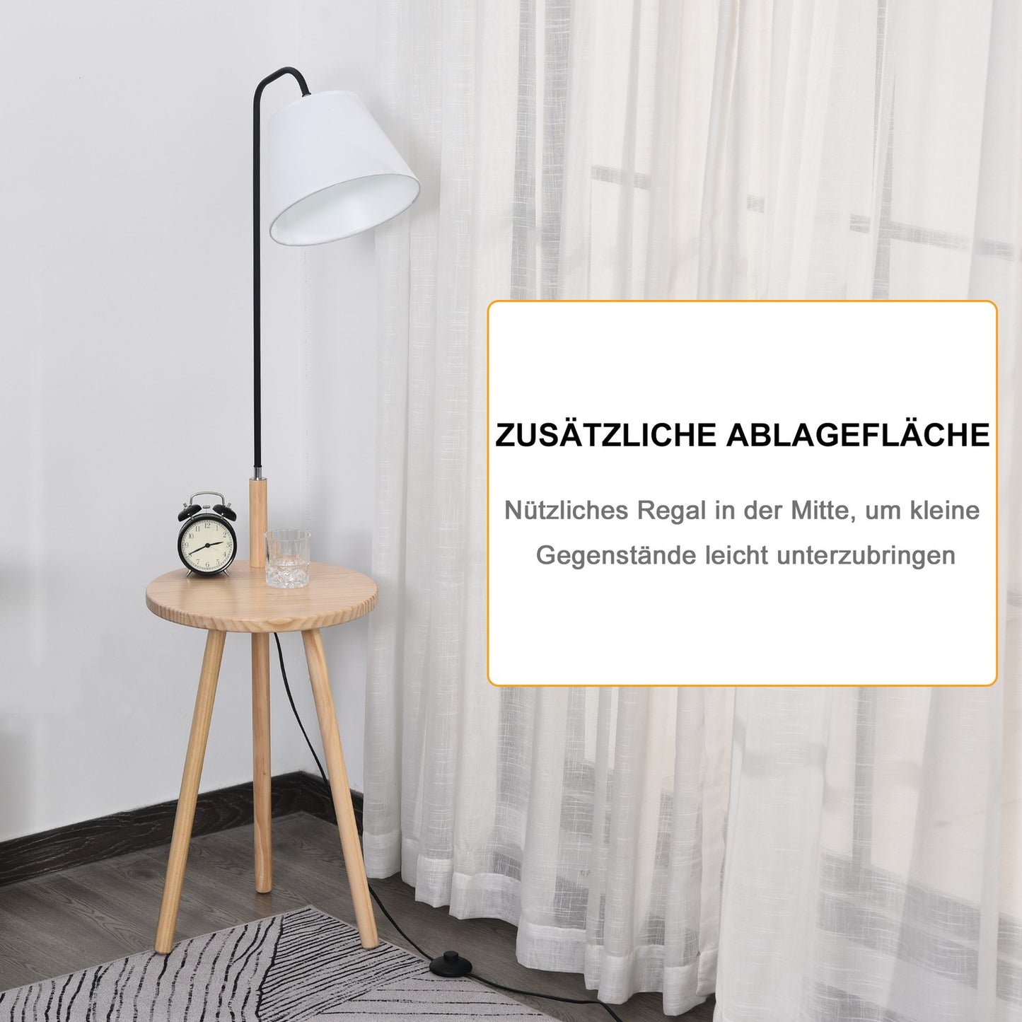 Scandinavian floor lamp with wooden table - White, 42x144Cm