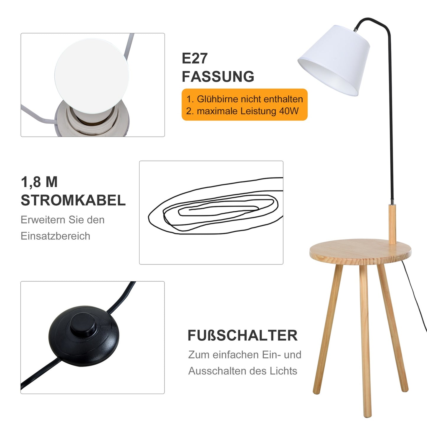Scandinavian floor lamp with wooden table - White, 42x144Cm