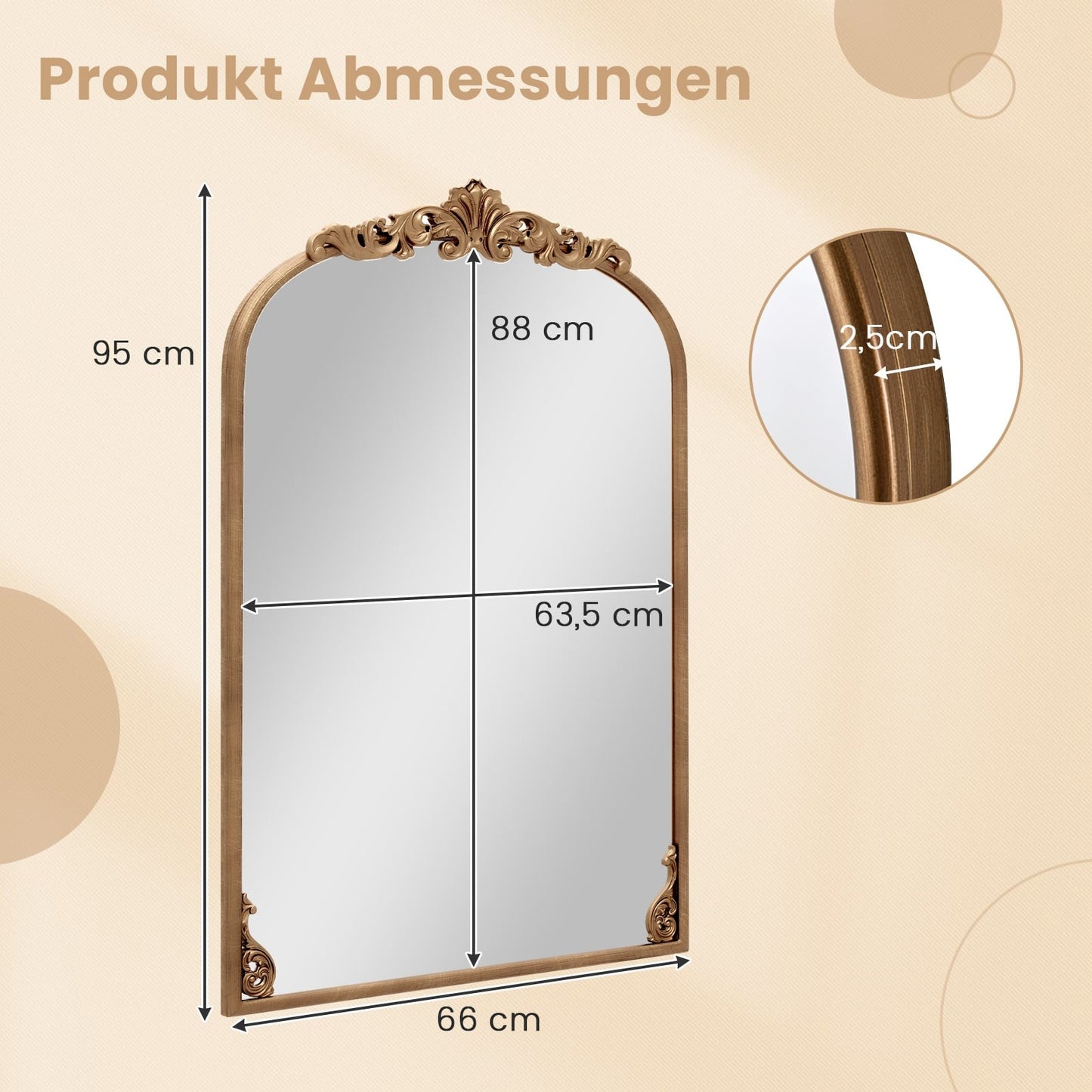 Arched Baroque Wall Mirror, Gold Metal Frame, 95x66 cm