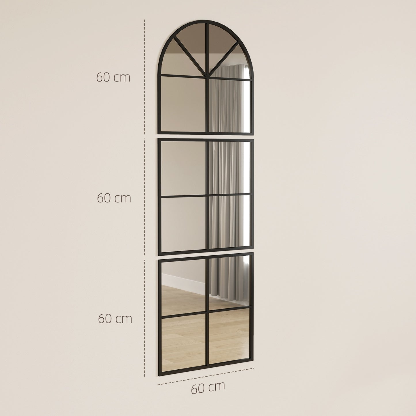 Arched Wall Mirror, Black Metal Frame, 60 x 180 cm