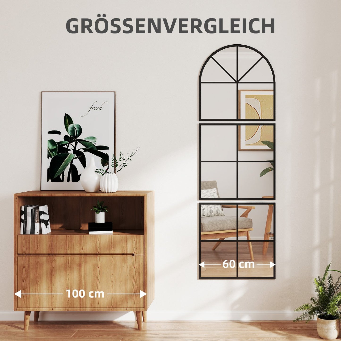 Arched Wall Mirror, Black Metal Frame, 60 x 180 cm