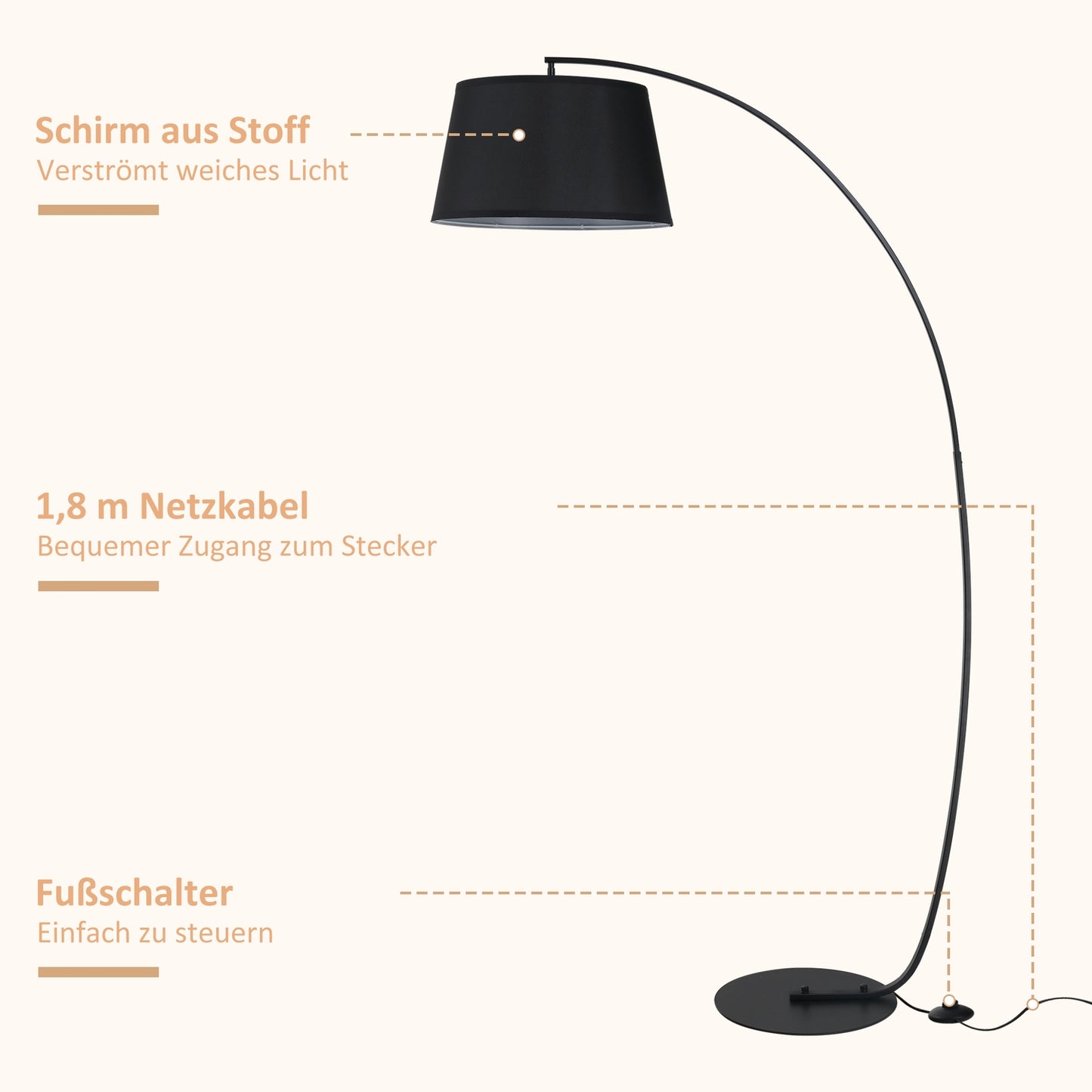 Modern metal arc floor lamp with black linen shade