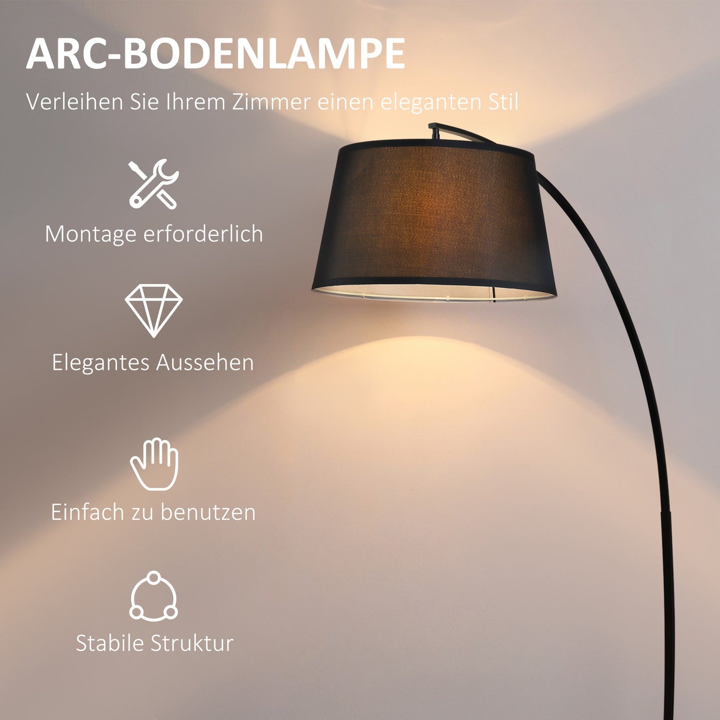 Modern metal arc floor lamp with black linen shade